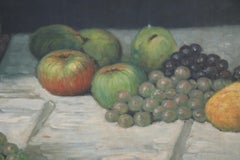 Framed Still Life Oil Painting of a Flower Arrangement and Scattered Grapes and