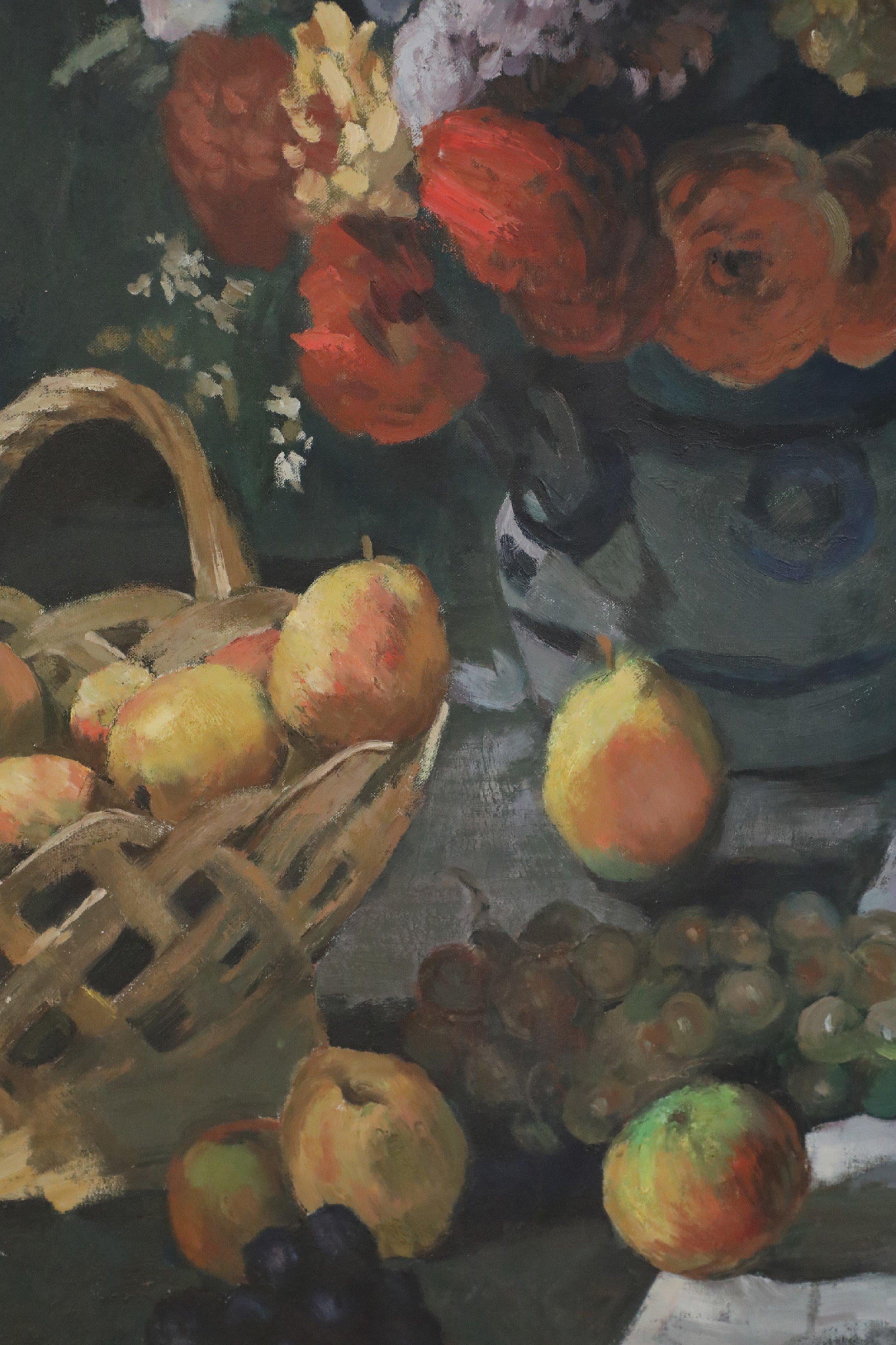 Oiled Framed Still Life Oil Painting of a Flower Arrangement and Scattered Grapes and For Sale