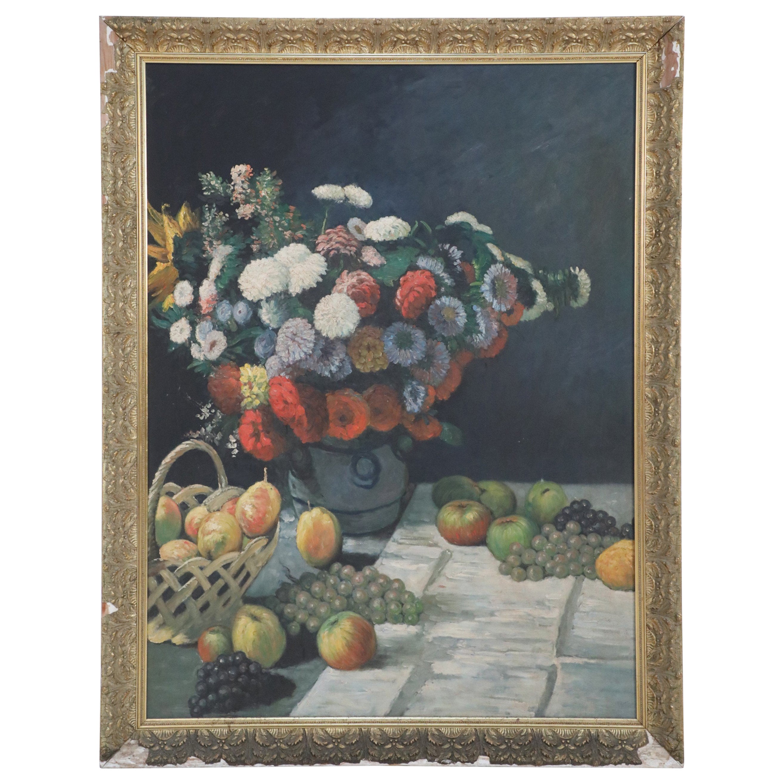 Nature morte encadrée - Peinture à l'huile d'un ensemble de fleurs et de raisins éparpillés et de raisins