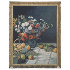 Nature morte encadrée - Peinture à l'huile d'un ensemble de fleurs et de raisins éparpillés et de raisins
