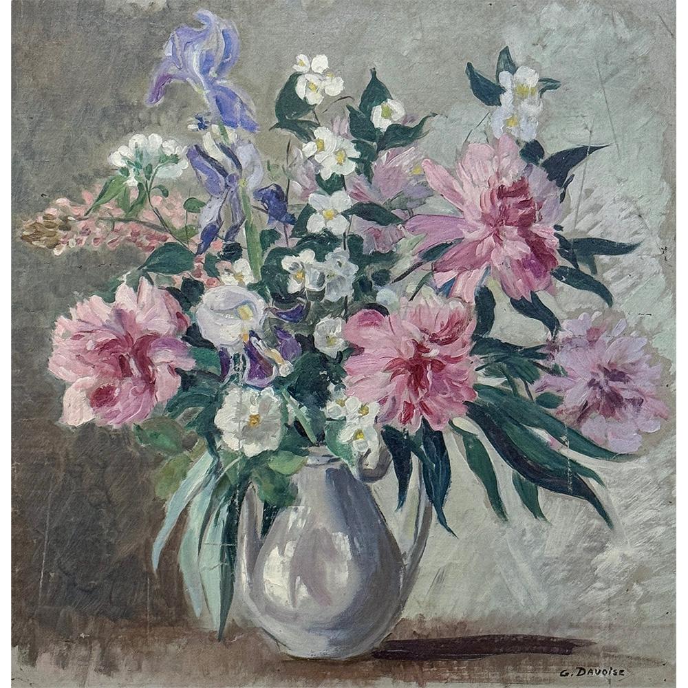 Framed Still Life Oil Painting on Canvas by G. Davoise is an interesting interpretation of a staple of the art world.  Vases full of fresh, colorful flowers have inspired artists both young and seasoned for centuries.  Here we see Davoise using bold