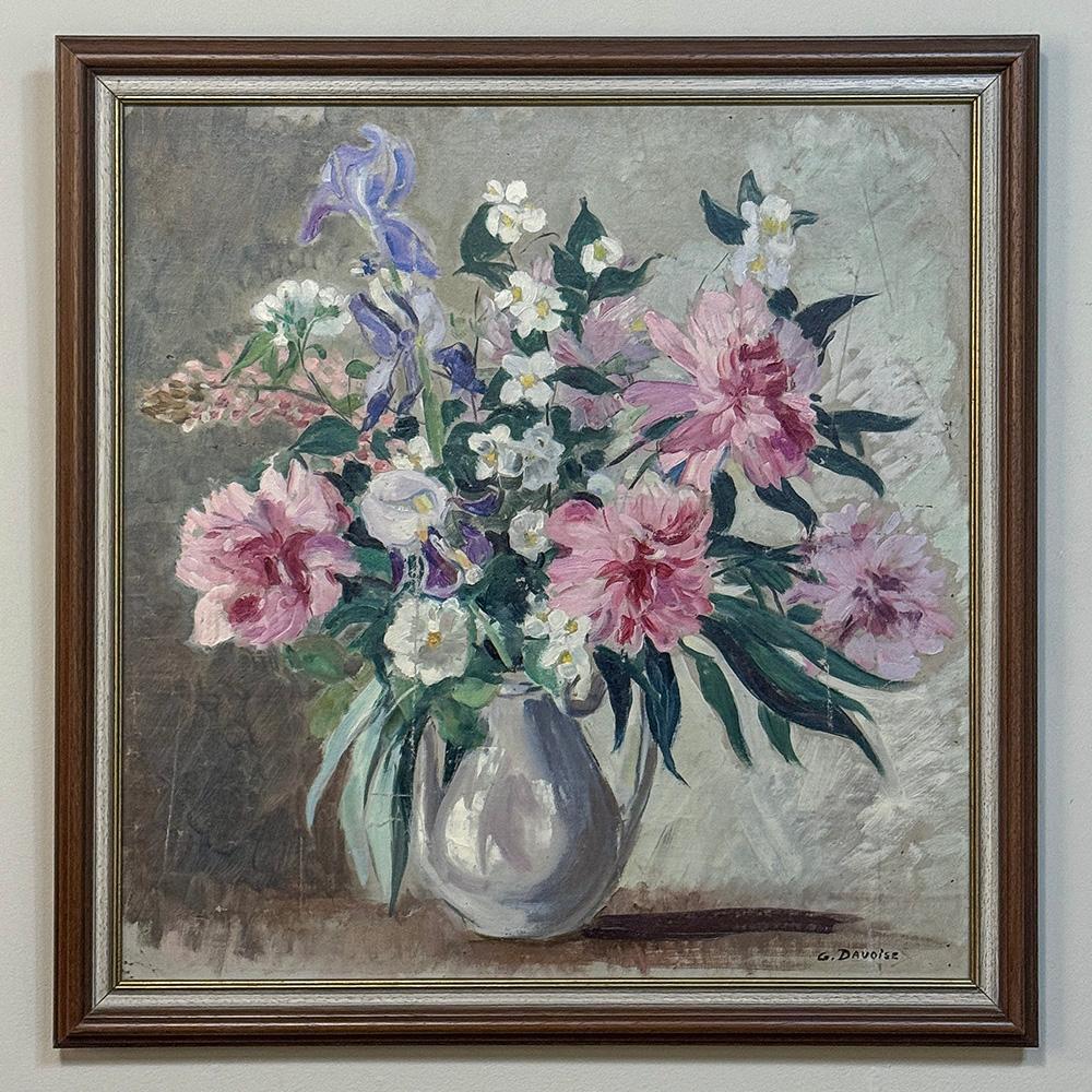 Hand-Painted Framed Still Life Oil Painting on Canvas by G. Davoise For Sale
