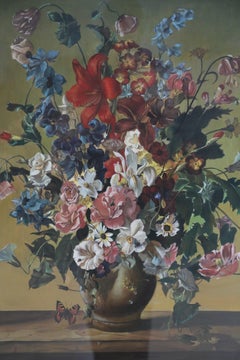 Framed Still Life Painting of a Variety of Wildflowers in a Brown Vase with Inse