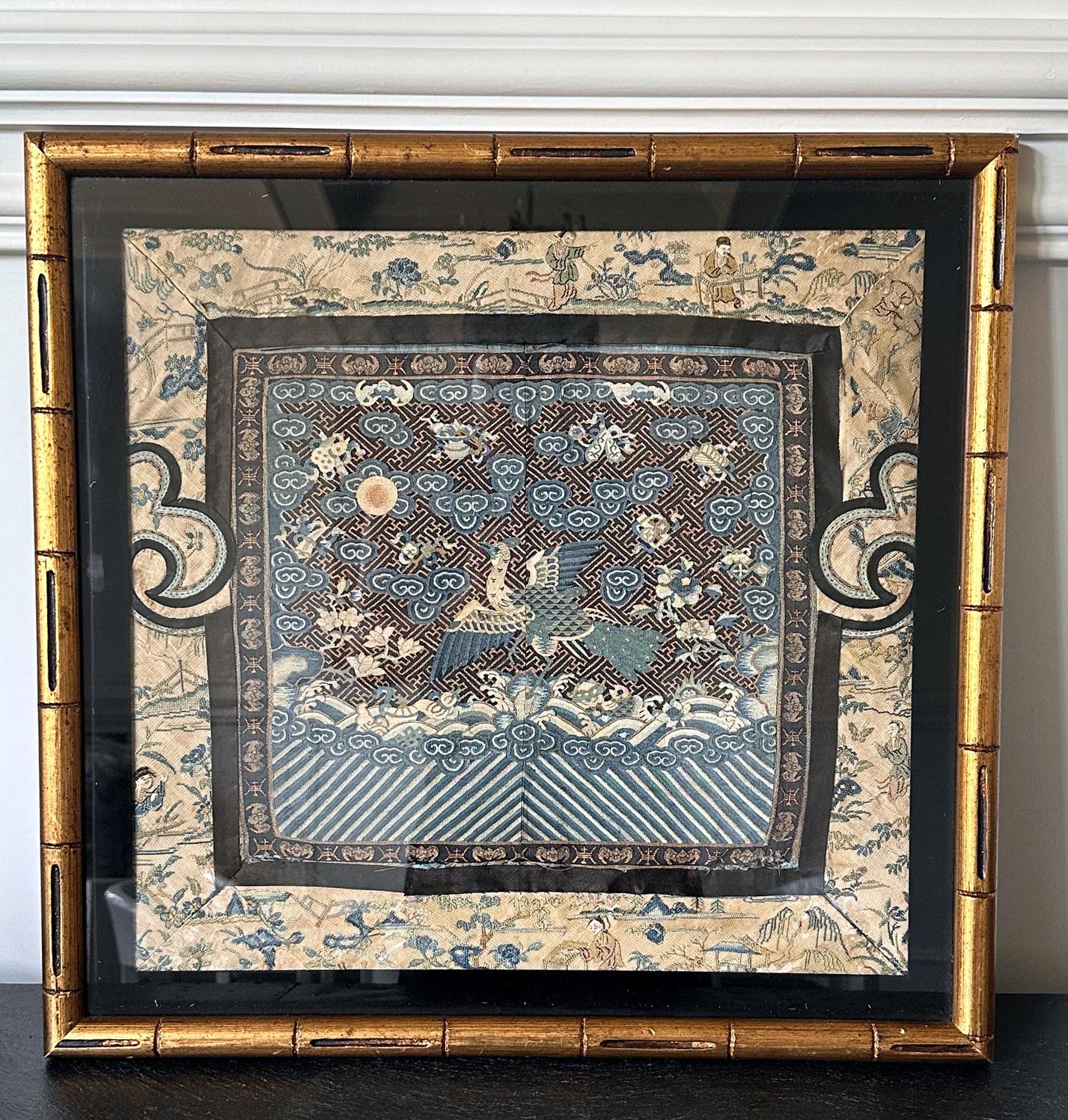 A silk civil rank badge panel beautifully framed in a gilt Baux bamboo carved wood frame circa Qing dynasty mid-19th century. The square rank badge is known in Chinese as Buzi which was displayed in the front and back of the official robe to