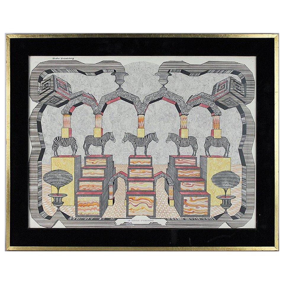 Framed Surrealistic Drawing by Pedro Friedeberg For Sale