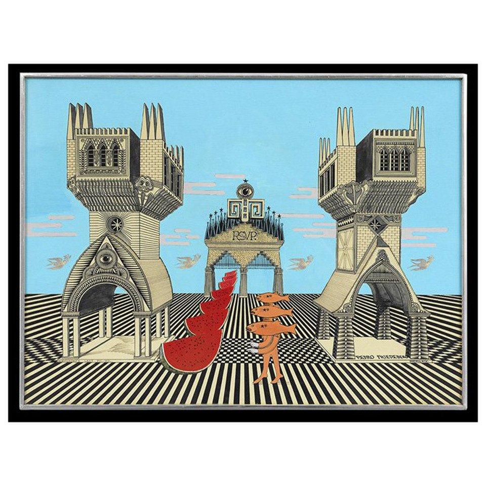 Framed Surrealistic Painting by Pedro Friedeberg For Sale