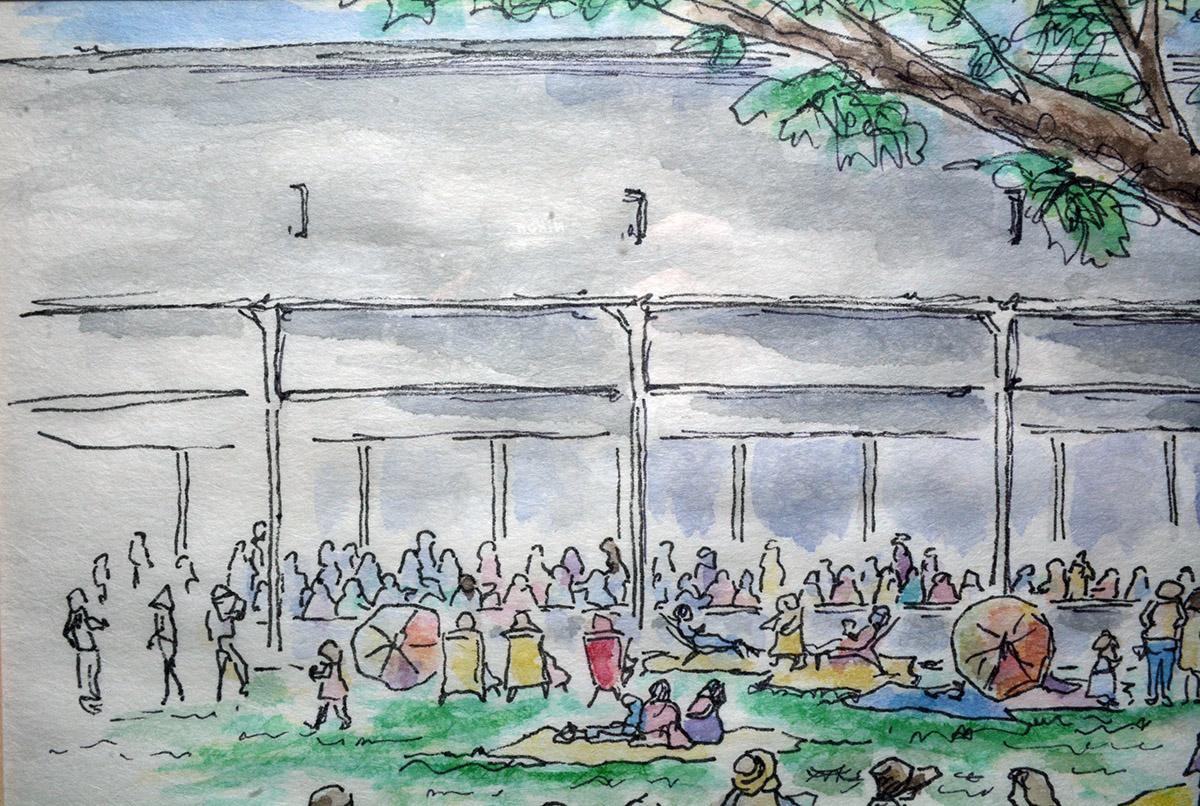 Die farbig lavierte Federzeichnung von Lauzon zeigt eine sommerliche Picknickszene bei einem Tanglewood-Konzert in Lenox, MA. Passepartout und gerahmt. Bereit zum Aufhängen.