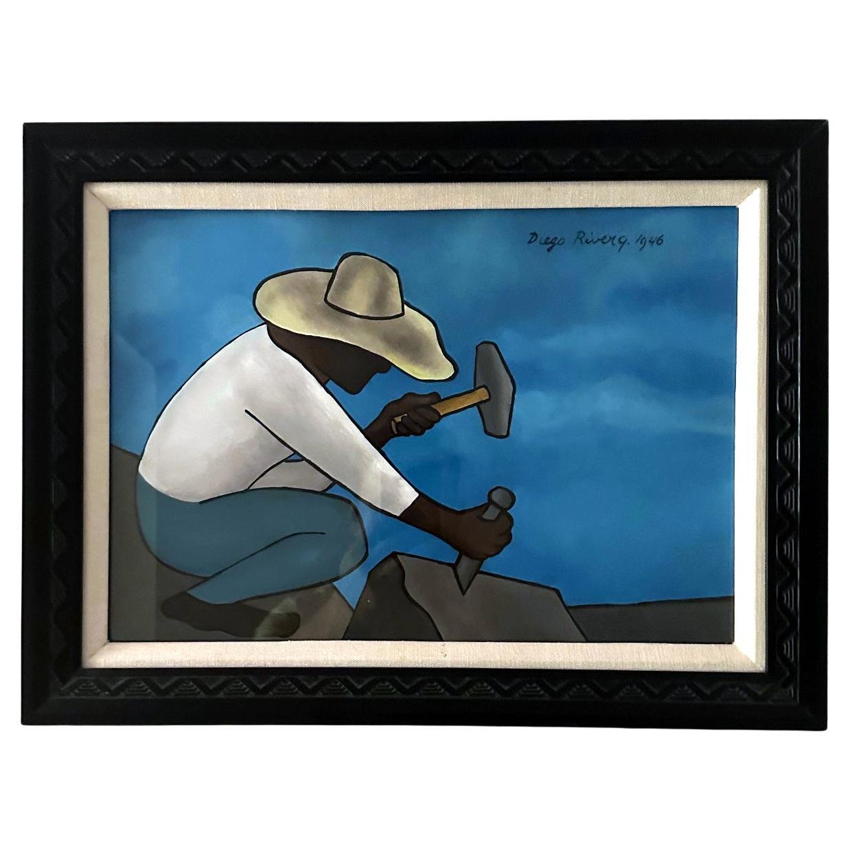 Framed Tempera on Paper Picapedrero Signed Diego Rivera with Paperwork For Sale
