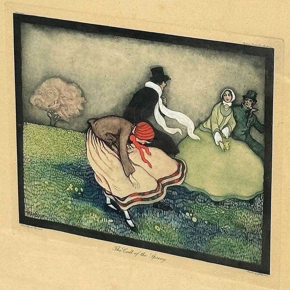 Gerahmte Aquarell-Szenenlithographie „The Call of the Spring“ von Jennie Harbour, gerahmt (Edwardian) im Angebot