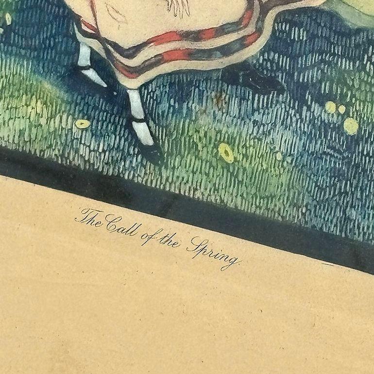 Gerahmte Aquarell-Szenenlithographie „The Call of the Spring“ von Jennie Harbour, gerahmt (amerikanisch) im Angebot