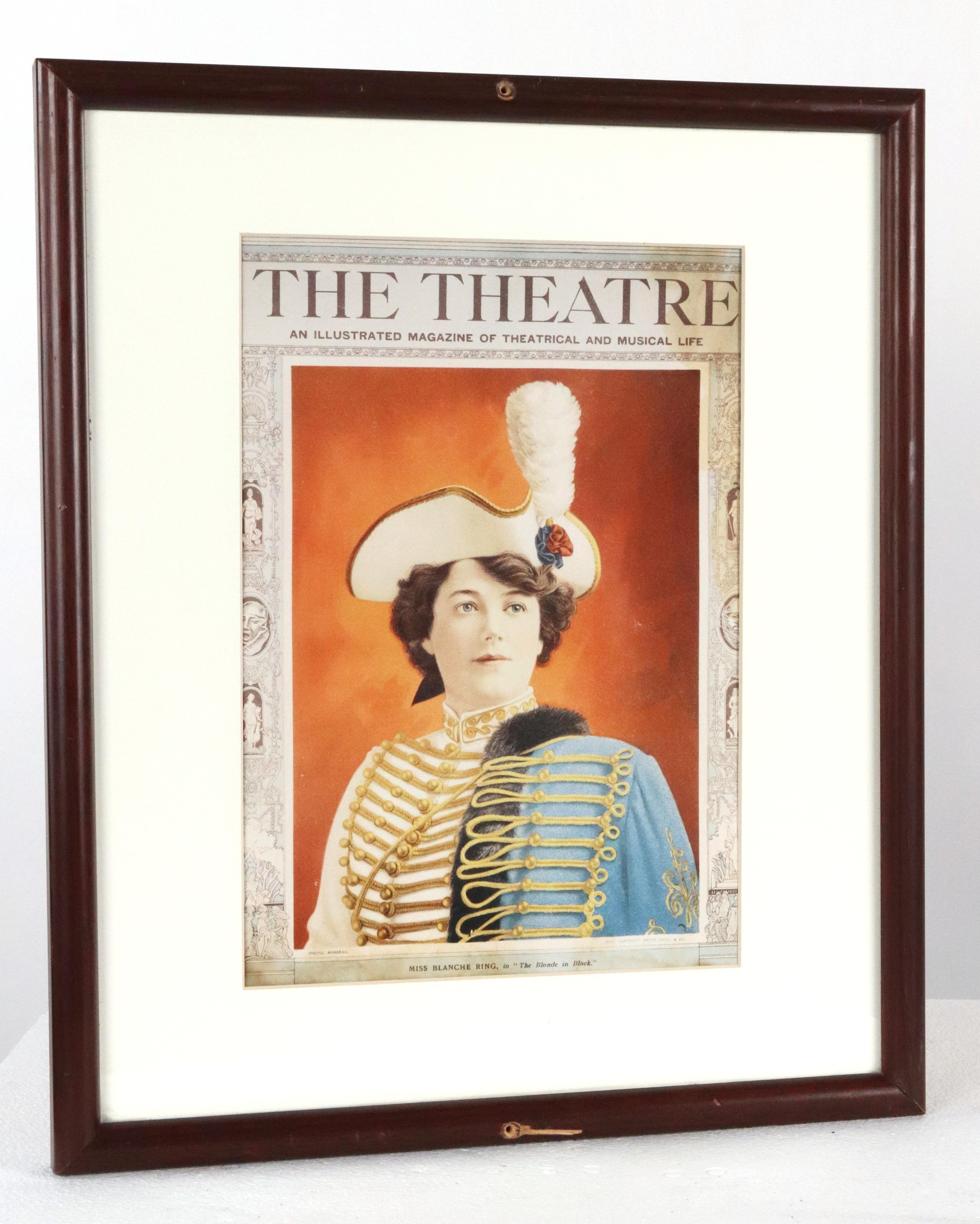 1910s The Theatre Magazine cover featuring Miss Blanche Ring. Acquired from Gallagher's Steakhouse Restaurant in New York City. The frame is made of dark tone wood with glass. Good condition with surface wear from prior use. There are two predrilled