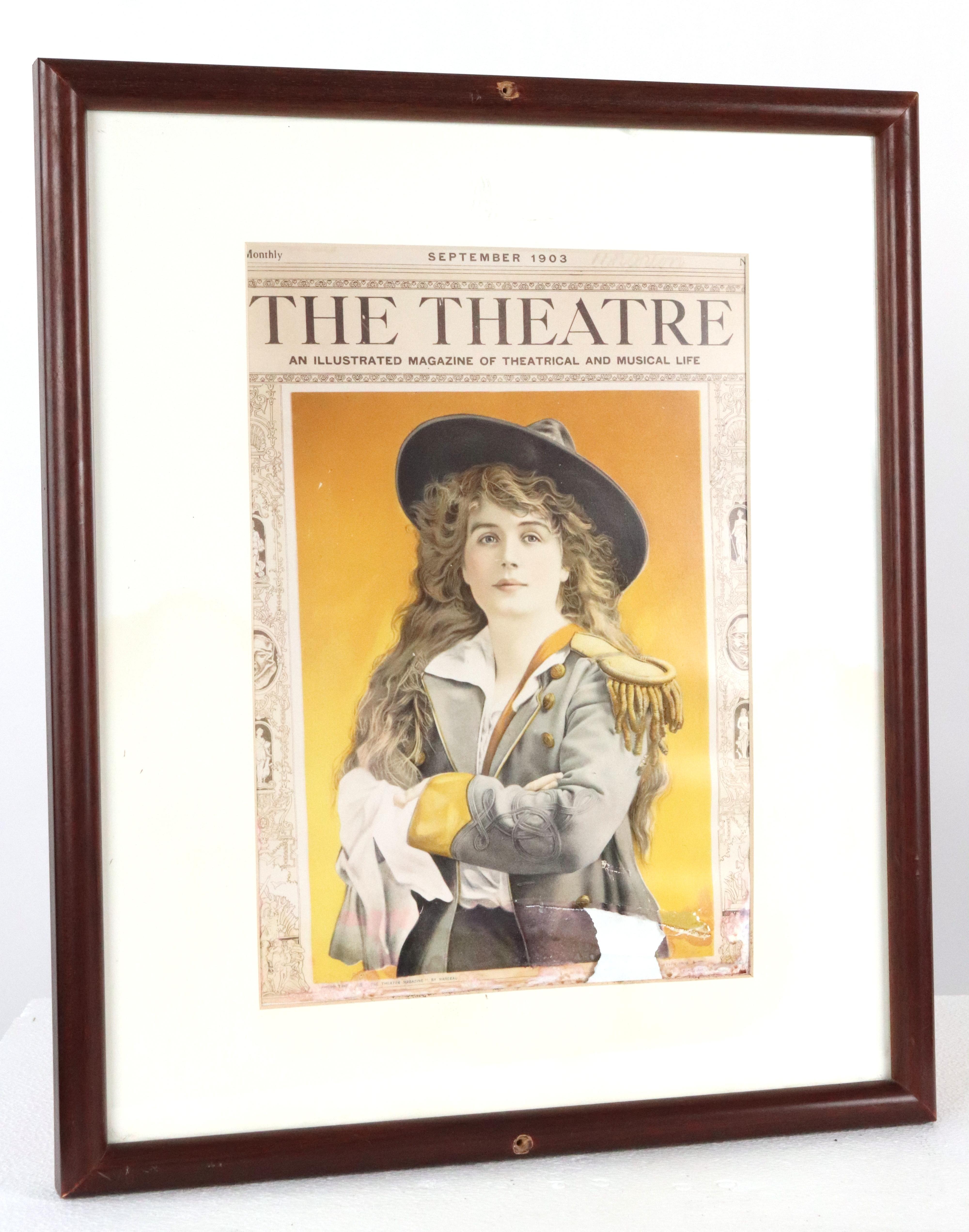 September 1903, The Theatre Magazine cover. Acquired from Gallagher's Steakhouse Restaurant in New York City. The frame is made of dark tone wood with glass. Good condition with surface wear and water stains from prior use. There are two predrilled