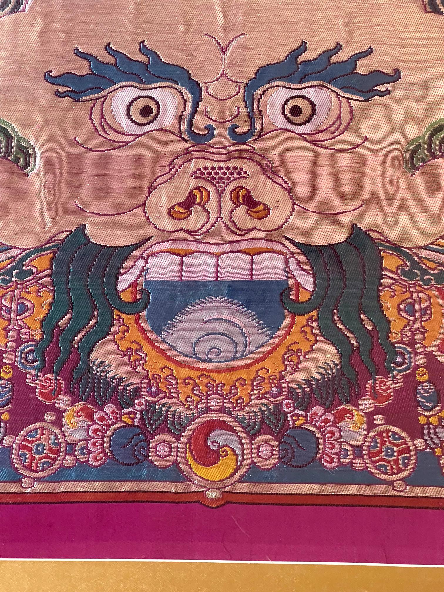 20th Century Framed Tibetan Woven Silk Kesi Panel of Kirtimukha For Sale