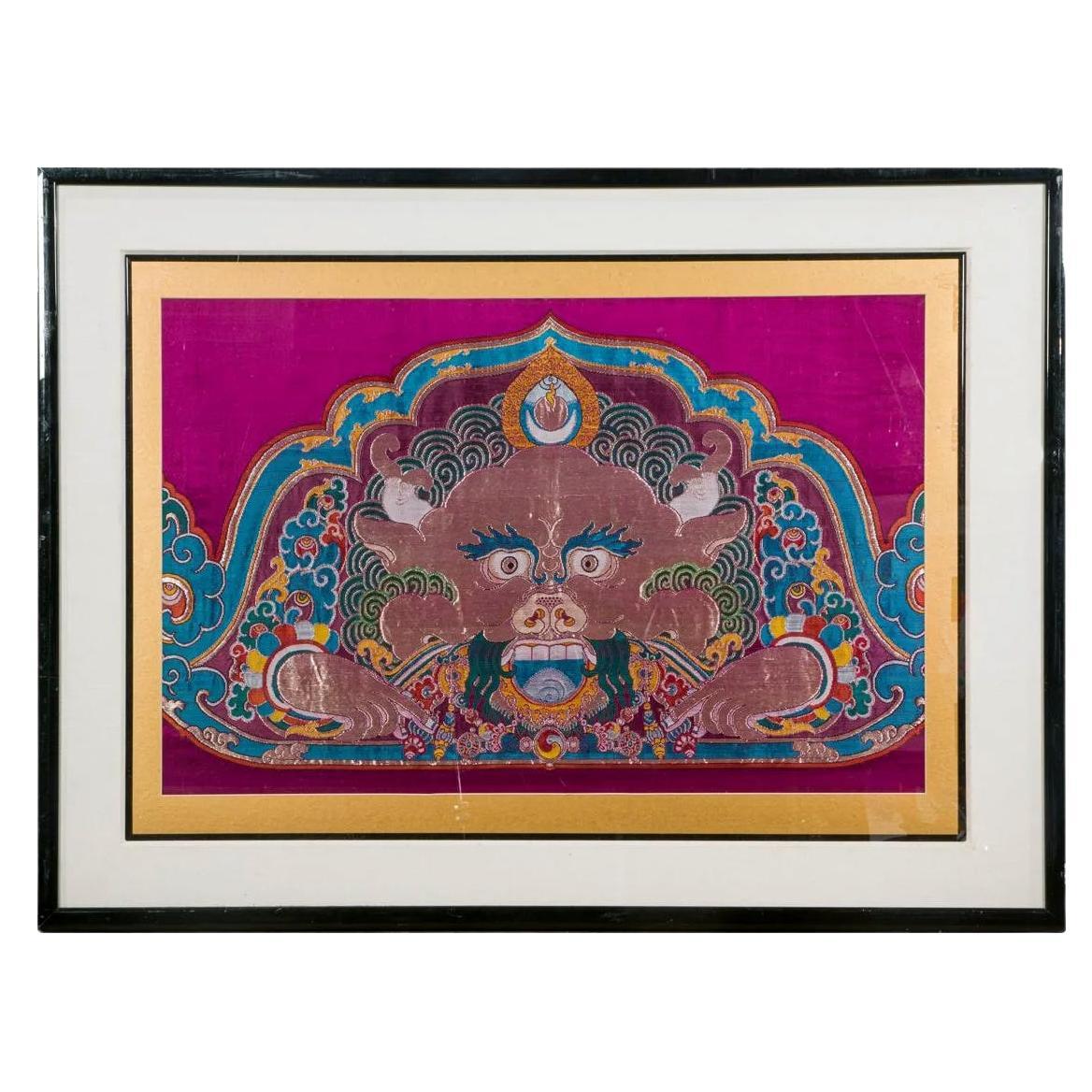 Framed Tibetan Woven Silk Kesi Panel of Kirtimukha For Sale