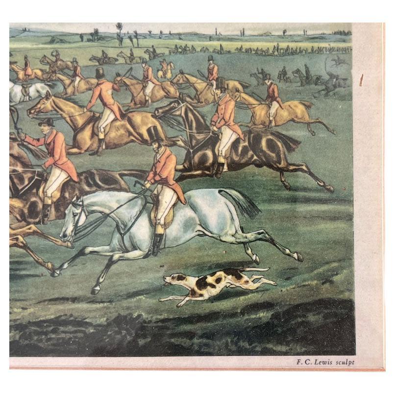 Ein gerahmter FC Lewis Fox Hunting Druck. Dieses Stück wurde ursprünglich 1835 gedruckt. Es zeigt eine Gruppe englischer Männer in roten Mänteln bei der berüchtigten Fuchsjagd in Quorn, England. Die Szene spielt auf einer grünen Wiese, auf der