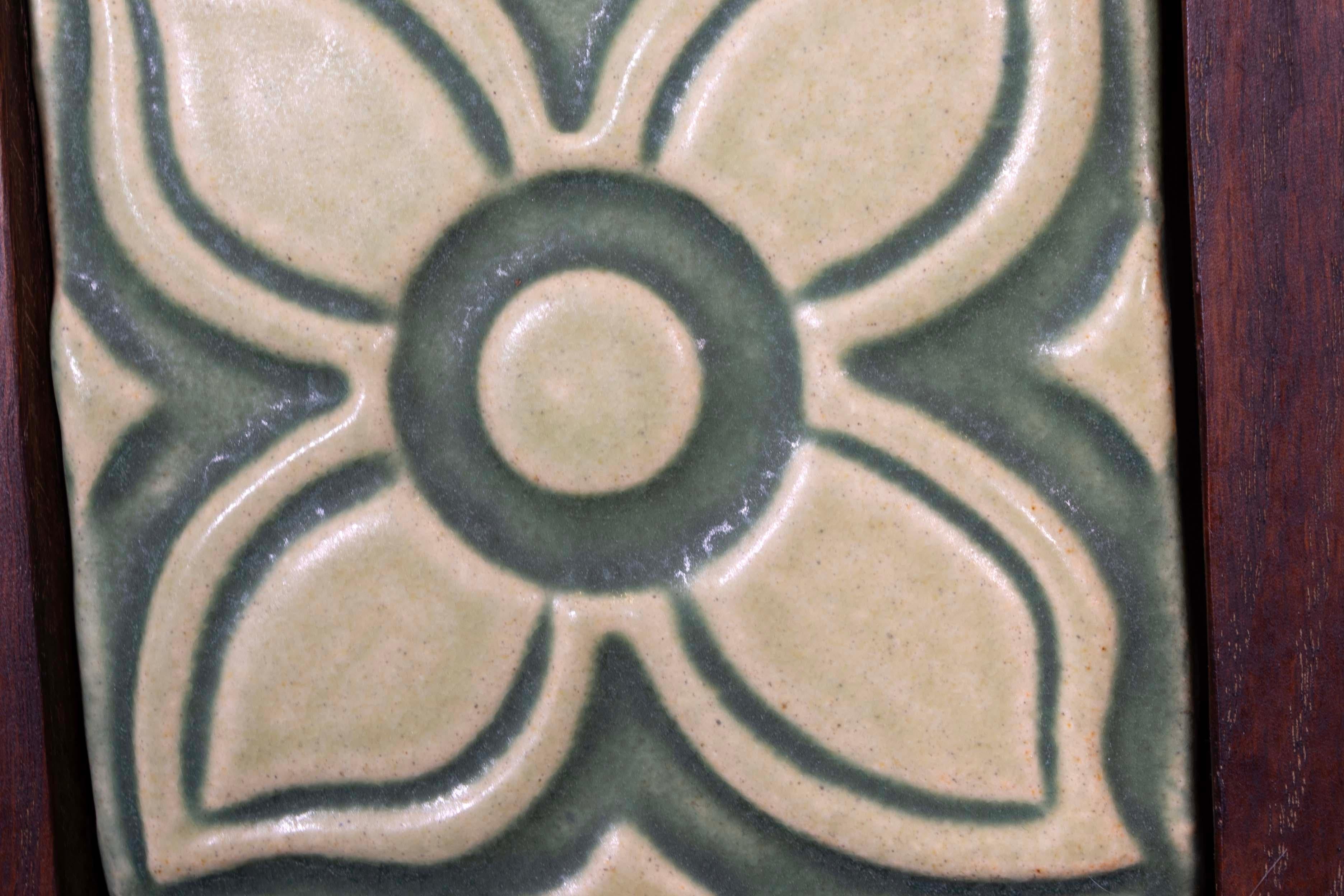 Ceramic Framed Triple Pewabic Flower Tiles Mid Century Modern For Sale