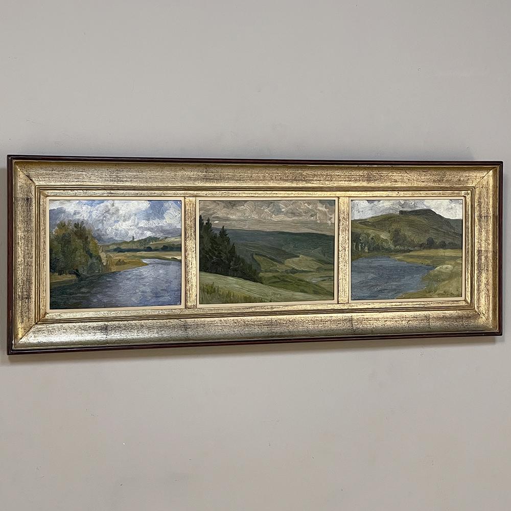 Hand-Painted Framed Triptych Oil Painting on Board For Sale