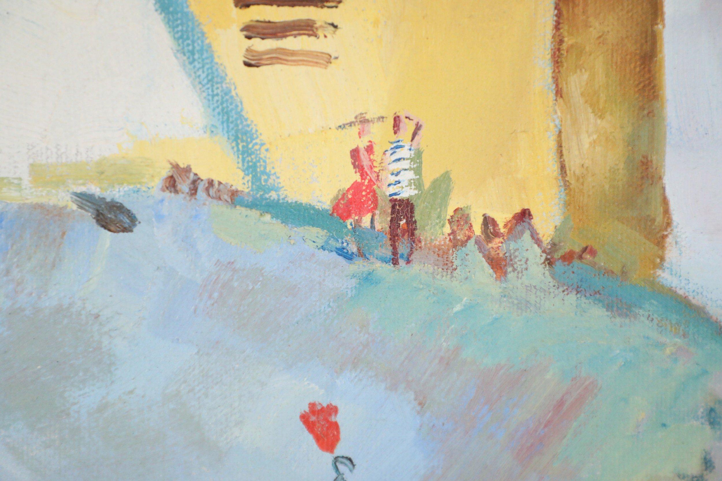 Peinture à l'huile d'époque (20e siècle) représentant un paysage marin tropical avec des fleurs et des arbres au premier plan et un couple regardant l'horizon à côté d'une maison jaune en arrière-plan, sur toile dans un cadre rectangulaire en bois