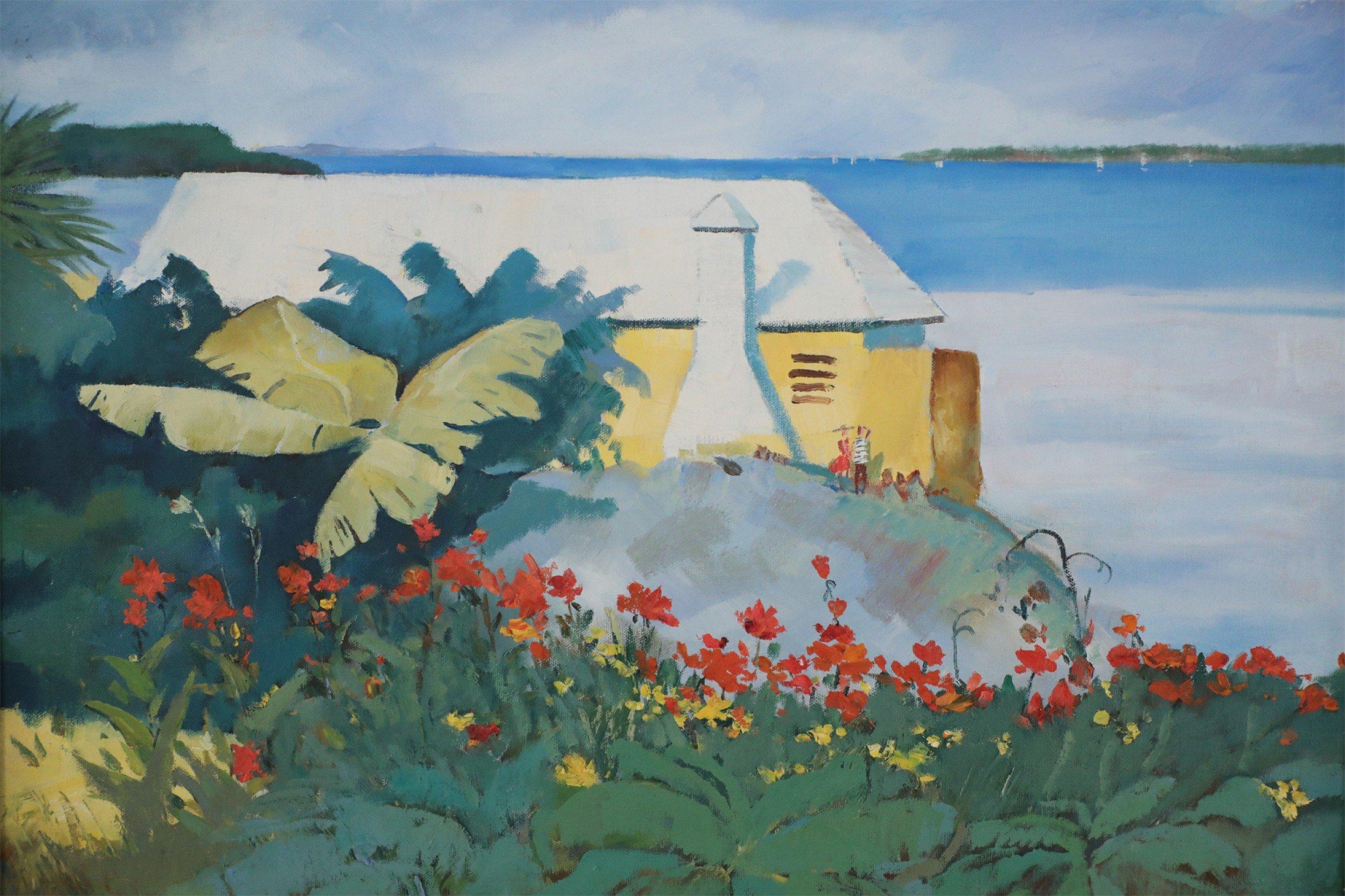 Pintura al óleo paisaje marino tropical enmarcada en Bueno estado para la venta en Queens, NY