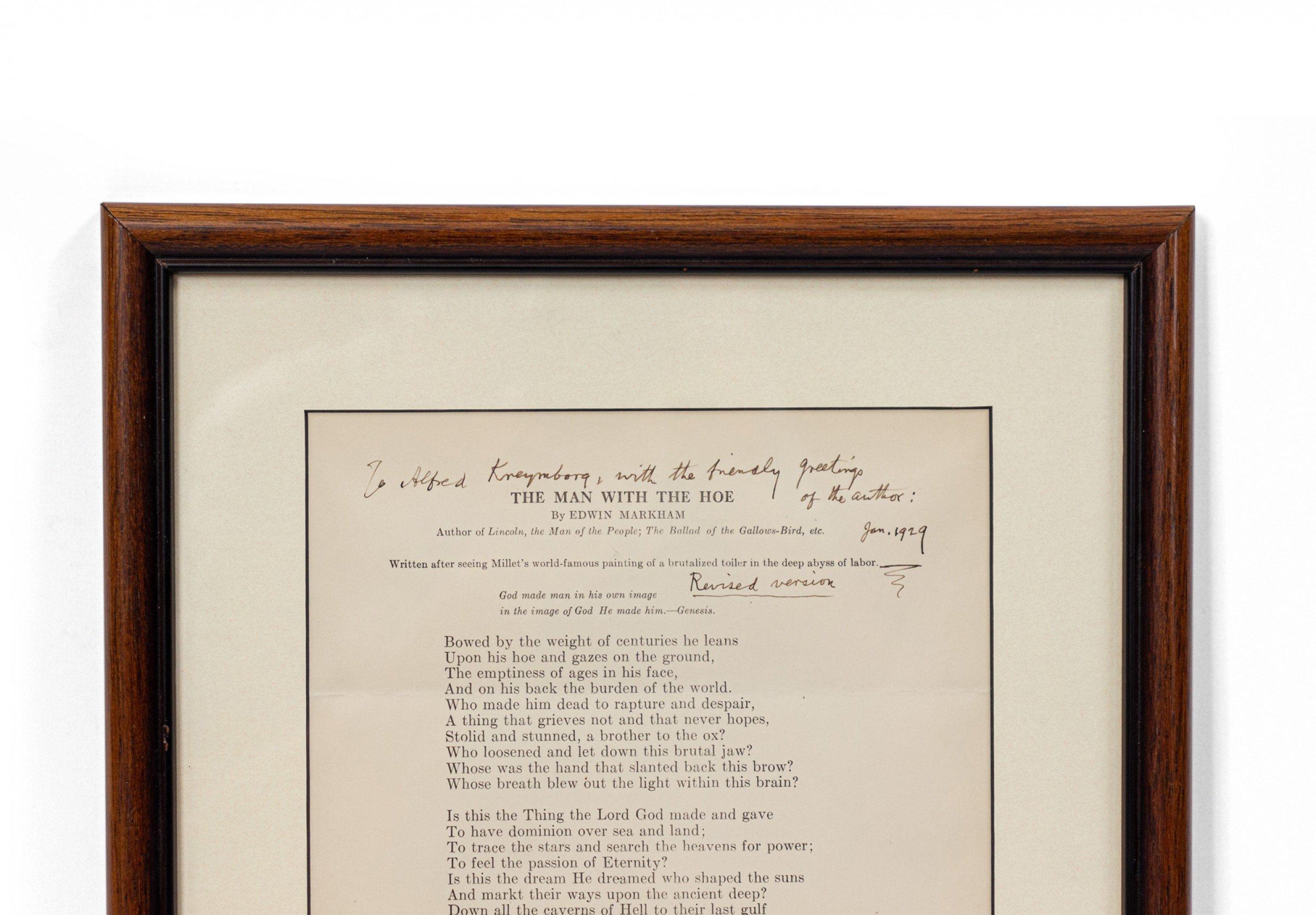 Framed original revised signed Edwin Markham poem 