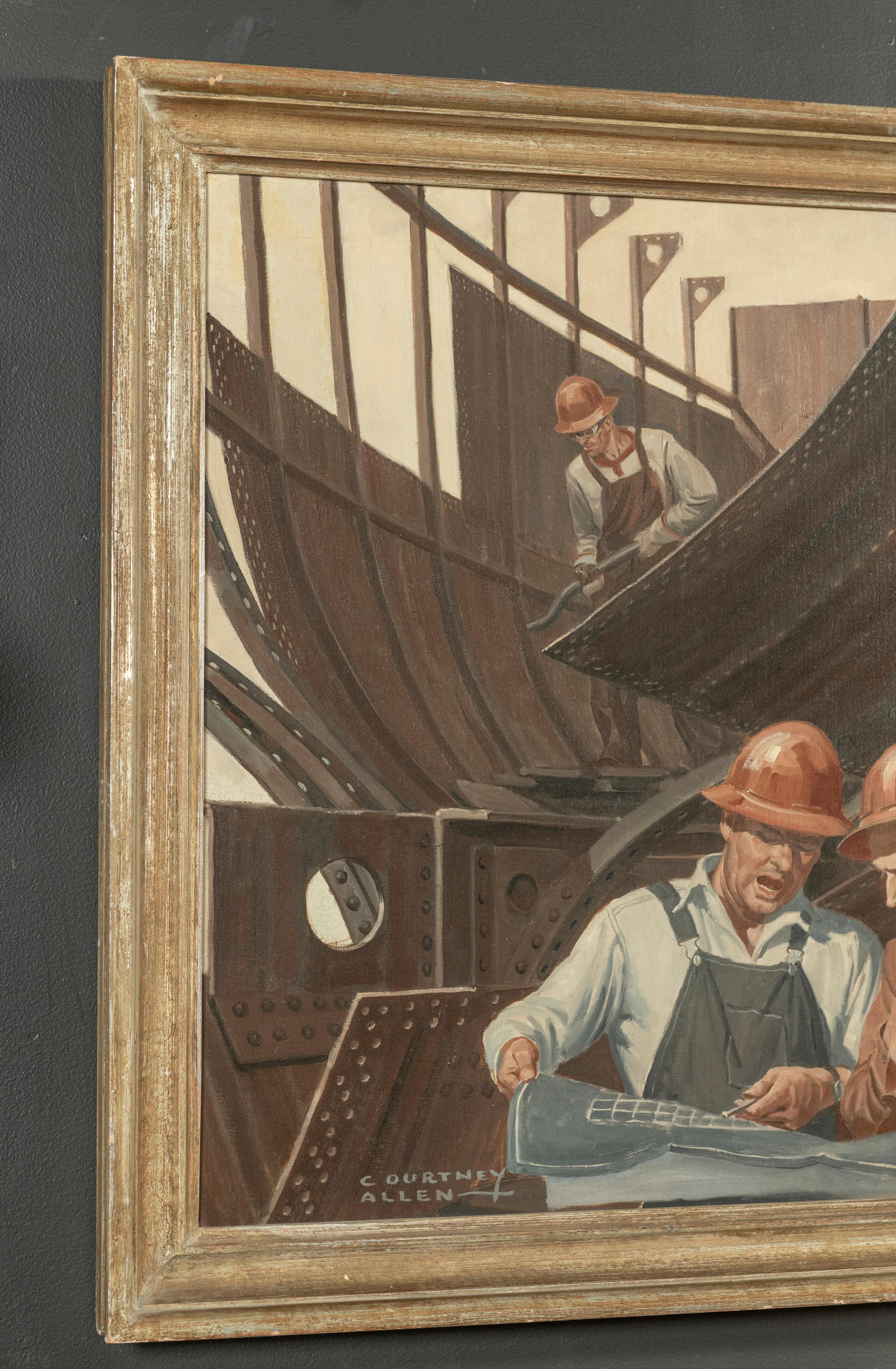 Modern Framed Untitled Oil/ Canvas (Shipyard Workers) Courtney Charles Allen, 1896-1969 For Sale