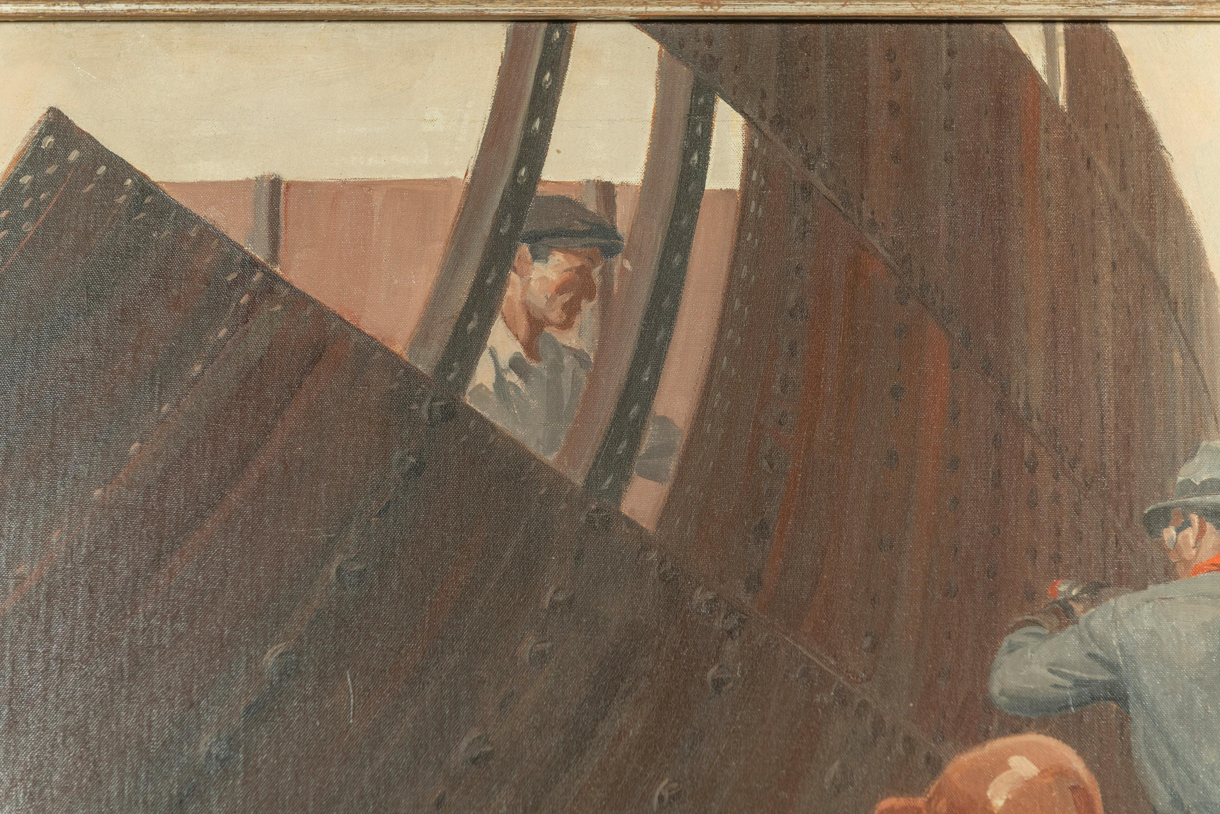 American Framed Untitled Oil/ Canvas (Shipyard Workers) Courtney Charles Allen, 1896-1969 For Sale