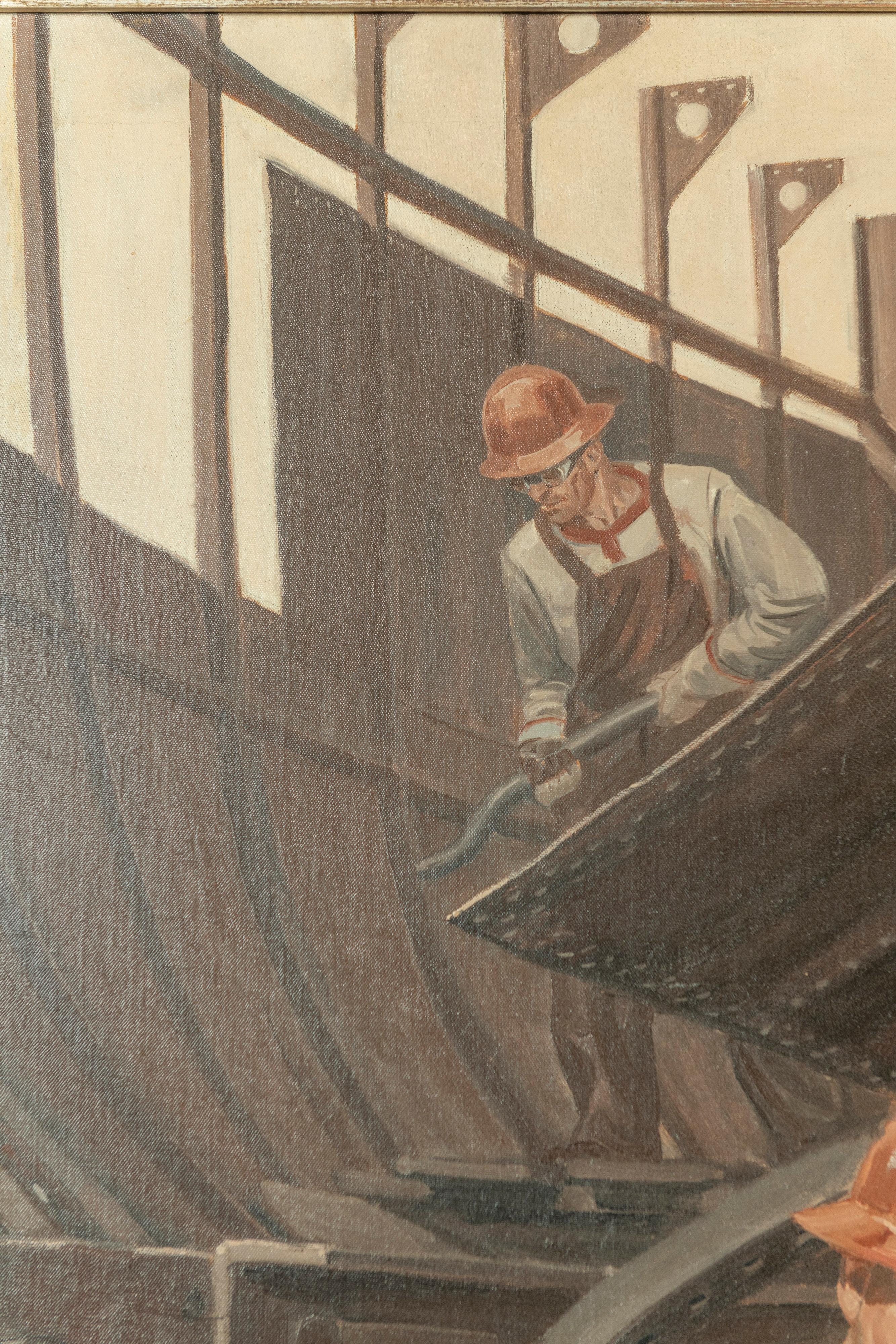 Painted Framed Untitled Oil/ Canvas (Shipyard Workers) Courtney Charles Allen, 1896-1969 For Sale