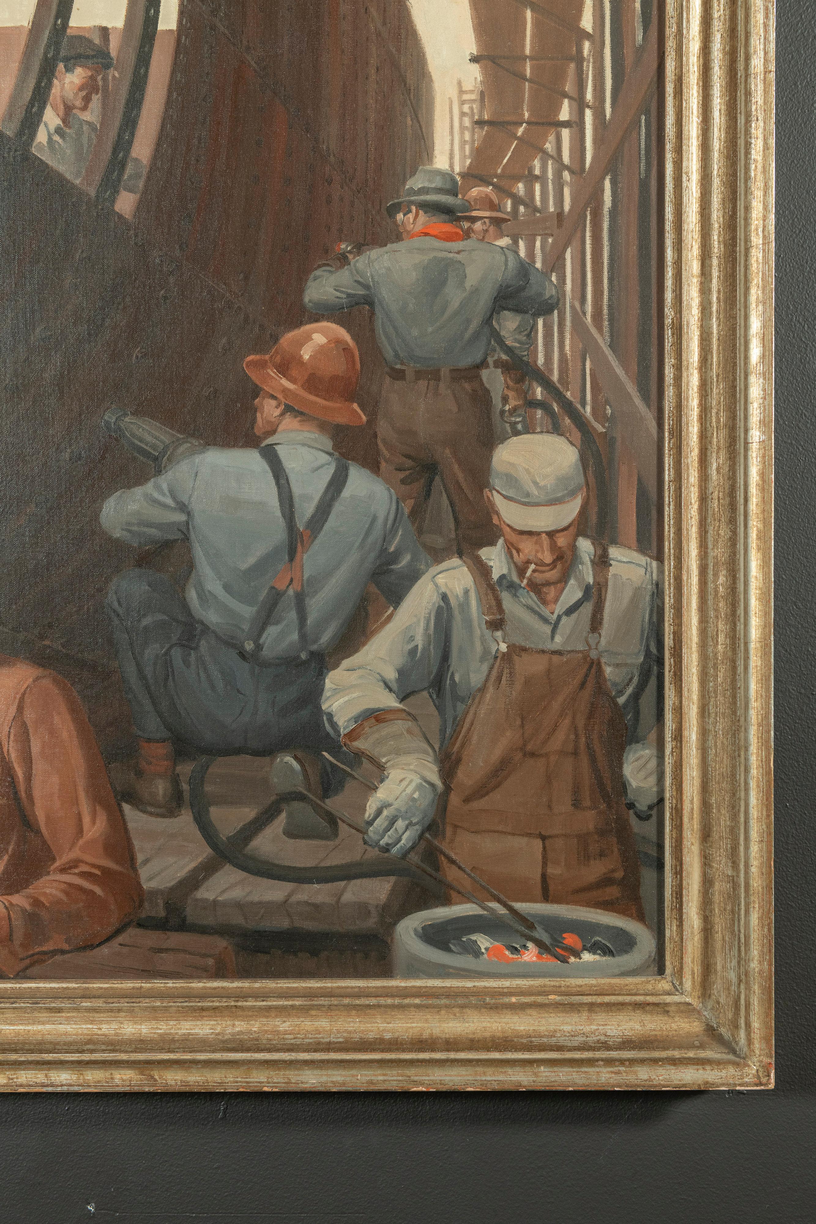 Framed Untitled Oil/ Canvas (Shipyard Workers) Courtney Charles Allen, 1896-1969 In Good Condition For Sale In San Francisco, CA