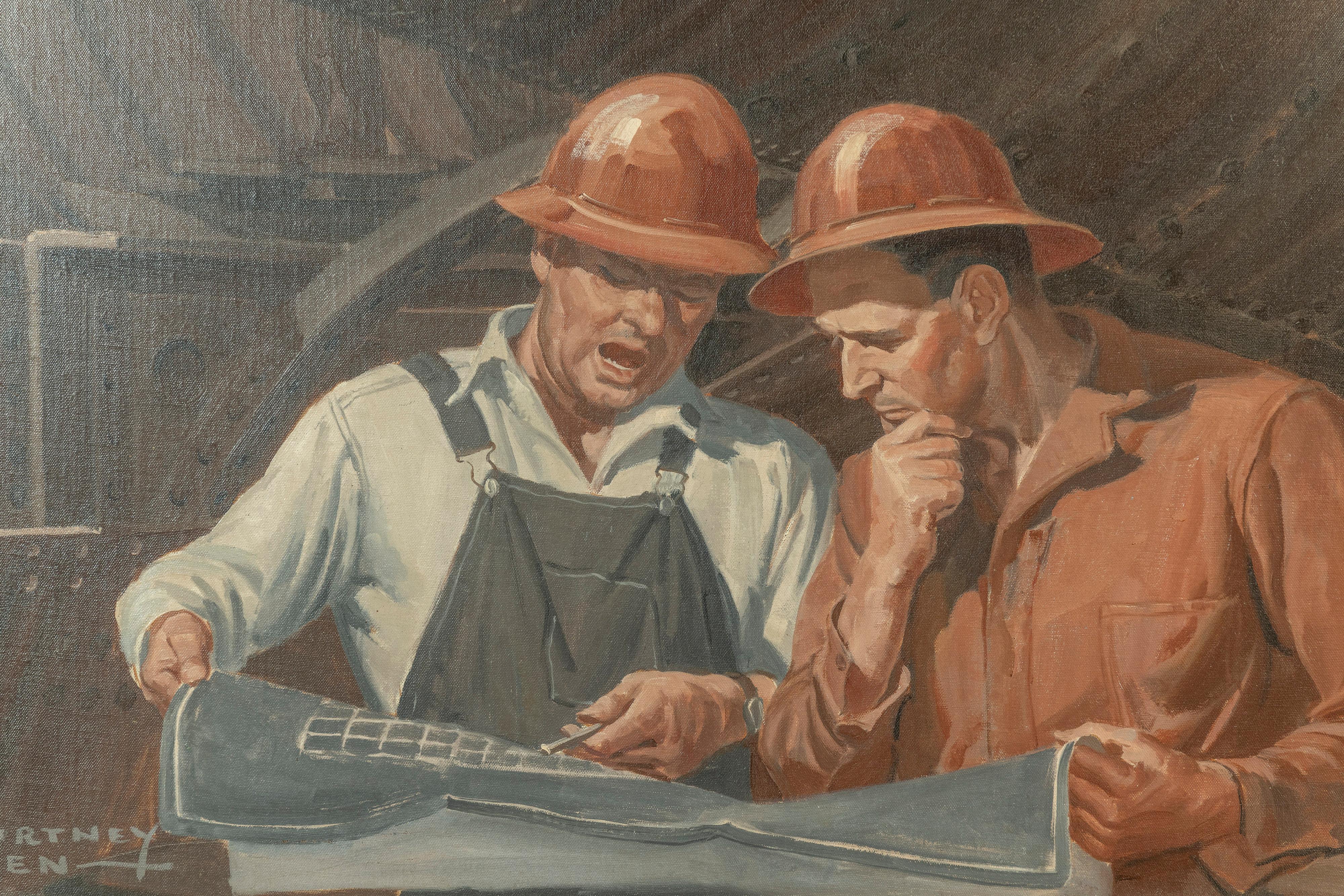 20th Century Framed Untitled Oil/ Canvas (Shipyard Workers) Courtney Charles Allen, 1896-1969 For Sale