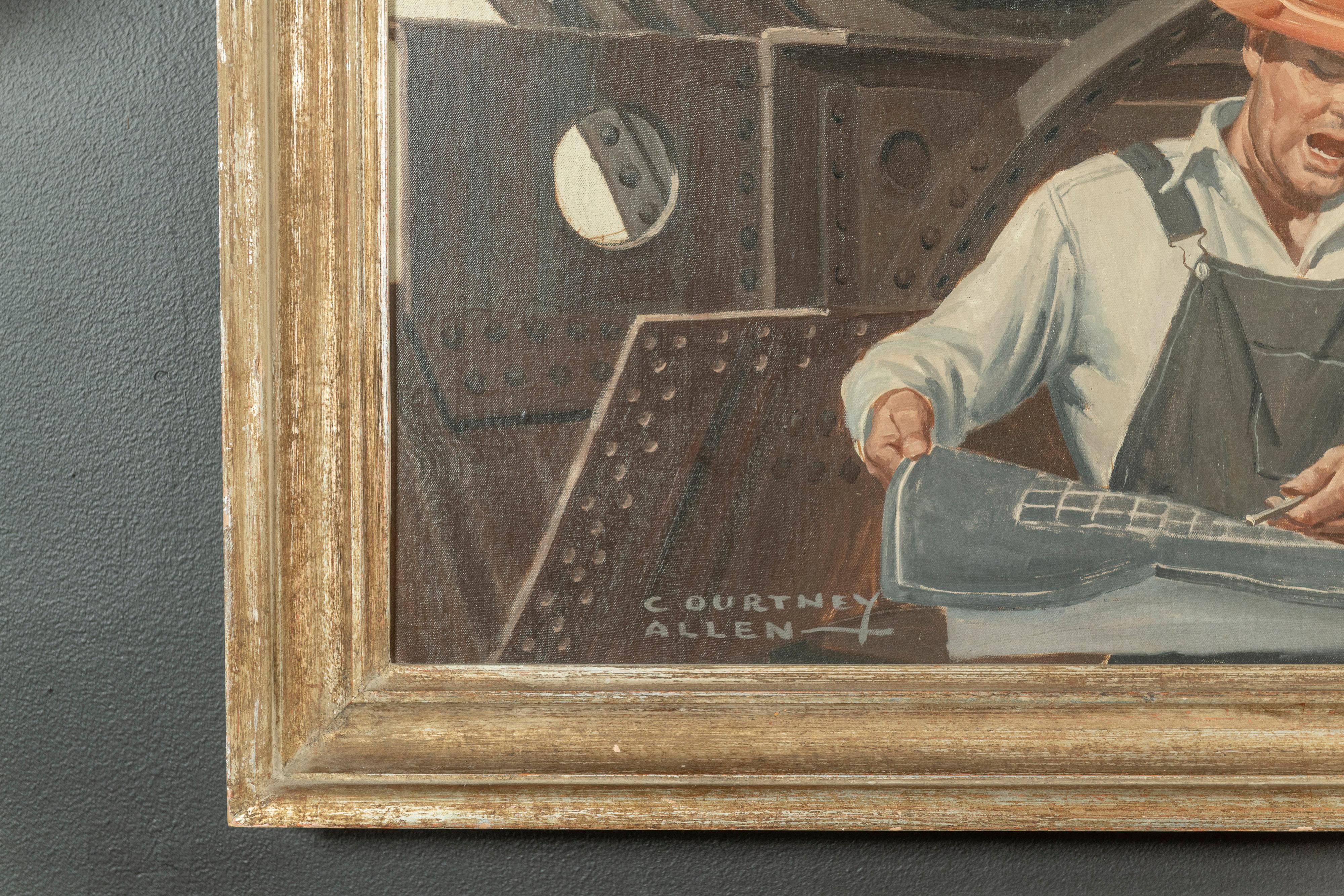 Framed Untitled Oil/ Canvas (Shipyard Workers) Courtney Charles Allen, 1896-1969 For Sale 1