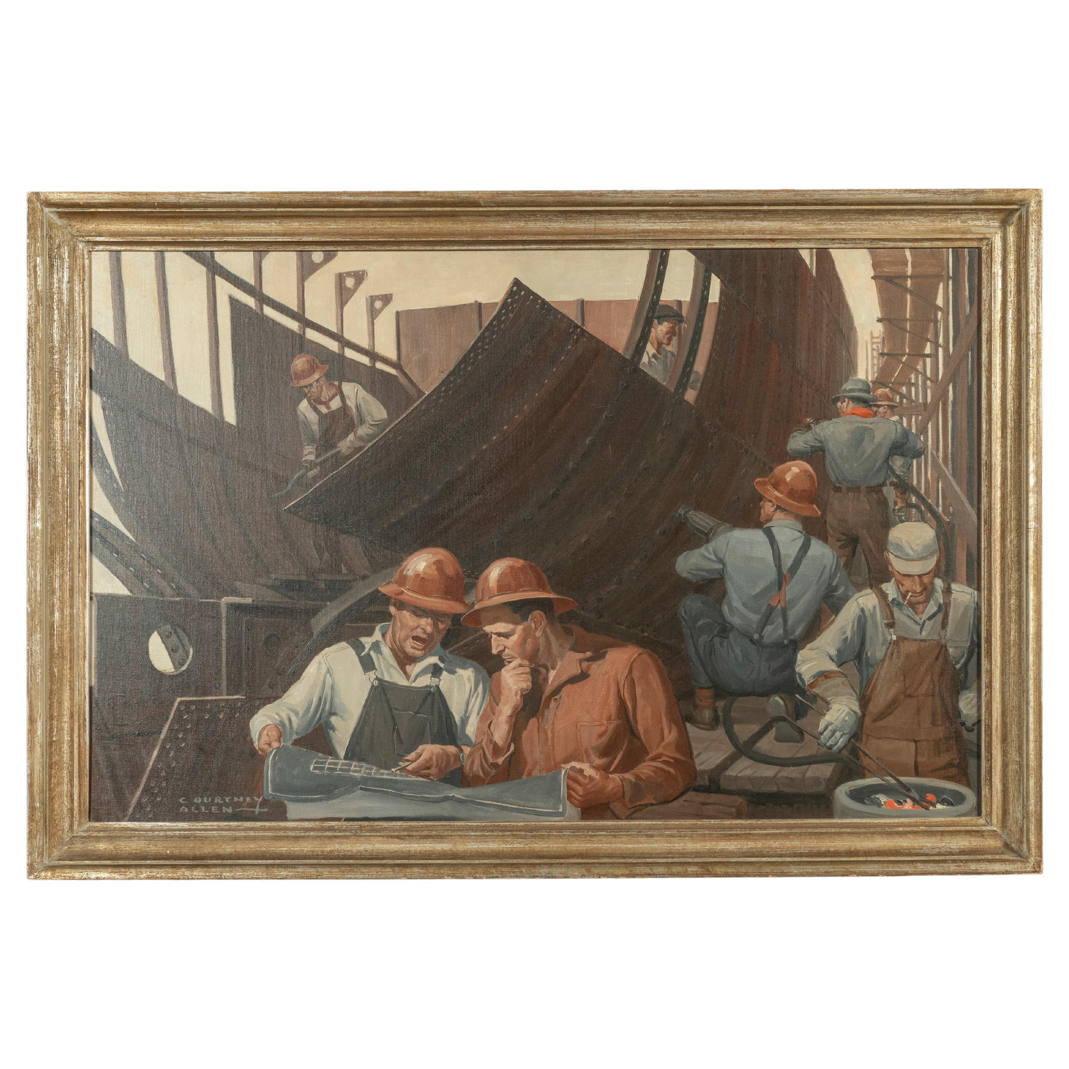 Framed Untitled Oil/ Canvas (Shipyard Workers) Courtney Charles Allen, 1896-1969