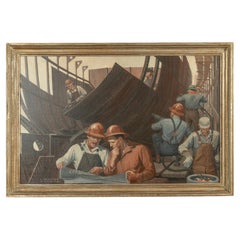 Vintage Framed Untitled Oil/ Canvas (Shipyard Workers) Courtney Charles Allen, 1896-1969