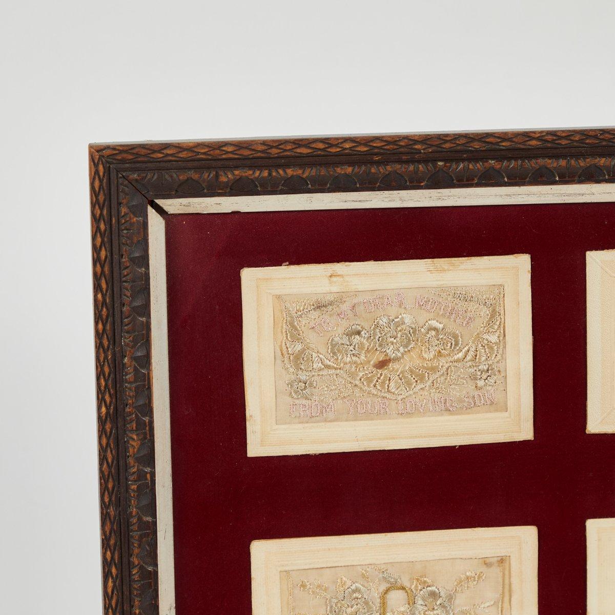 Collection of four framed embroidered valentines from Victorian England. A romantic and tender piece, this collection of fine needlework harkens back to another era. Displayed on a deep red velvet mounting block in a dark, finely carved wood frame,