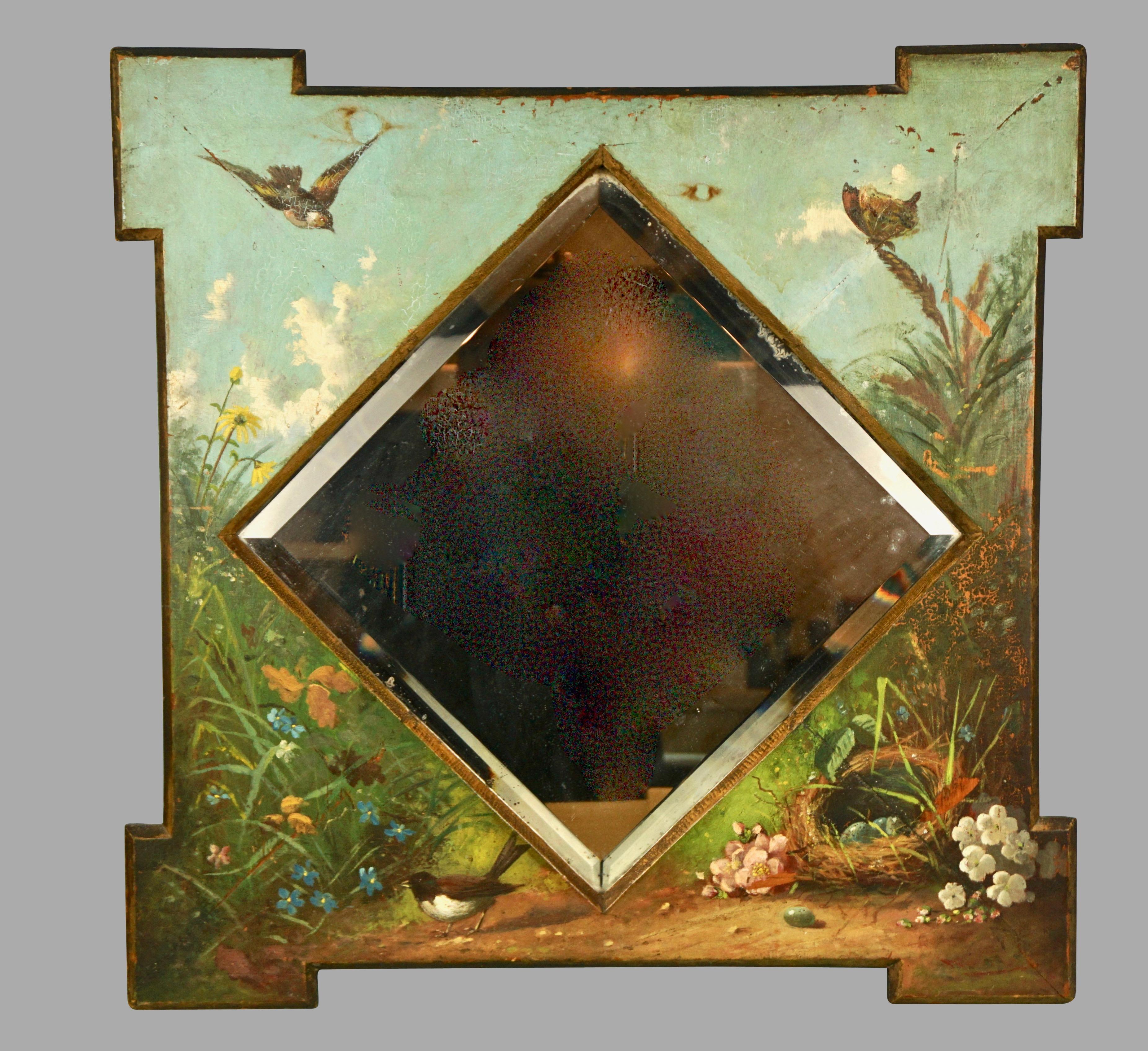A charming American Victorian mirror, the original centered beveled glass mirror plate surrounded by well-painted images of nesting and flying small birds, butterflies and various wildflowers. The overall composition, a verdant garden scene with a