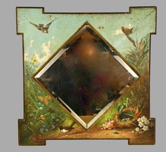 Framed Victorian Beveled Mirror Decorated Overall with Painted Birds and Flowers