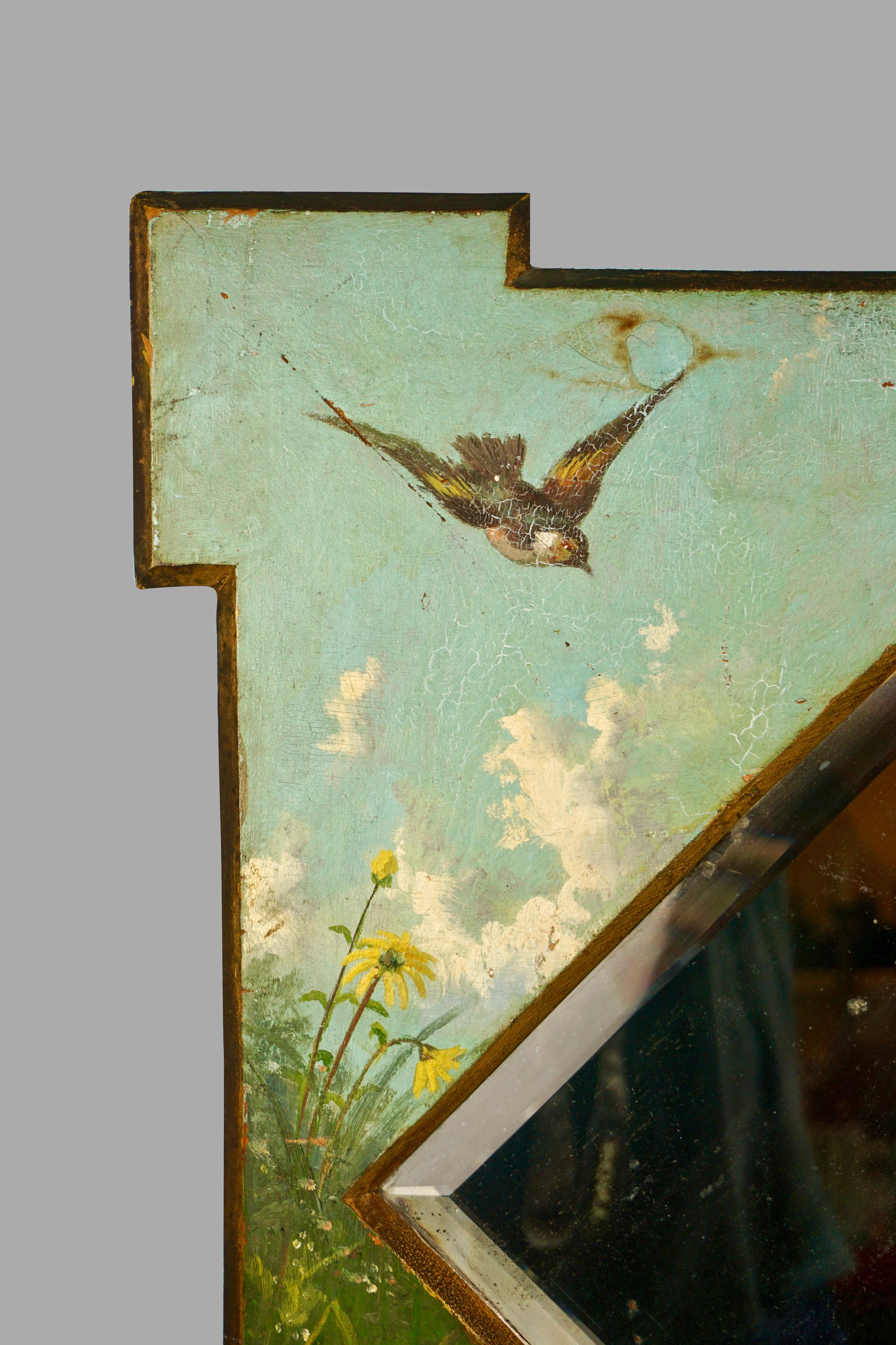Late 19th Century Framed Victorian Beveled Mirror Decorated Overall with Painted Birds and Flowers
