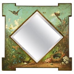 Framed Victorian Beveled Mirror Decorated Overall with Painted Birds and Flowers