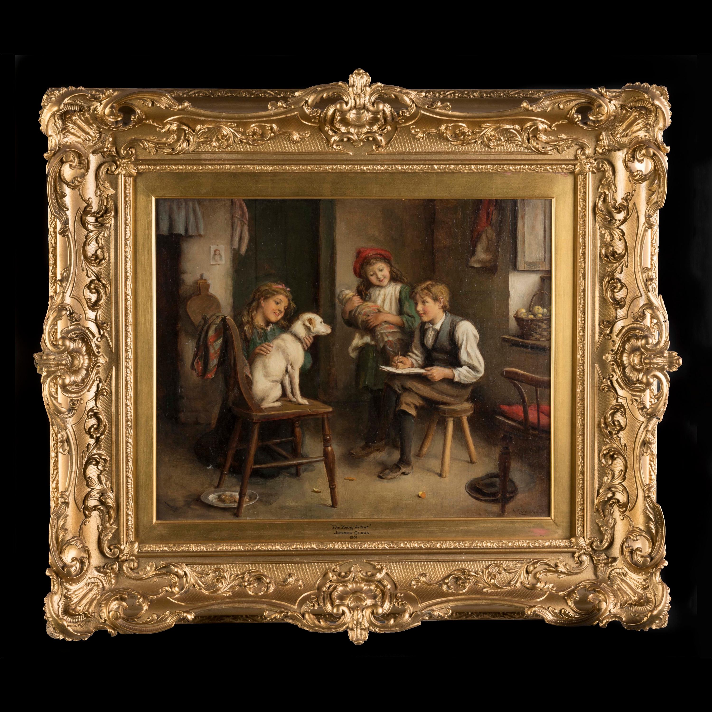 Der junge Künstler
Von Joseph Clark (1834 - 1926)

Das Gemälde ist in Öl auf Leinwand ausgeführt und zeigt einen Jungen, der auf einem Hocker sitzend den Hund zeichnet, der für ihn sitzt, in Begleitung von zwei Mädchen. Untergebracht in einem