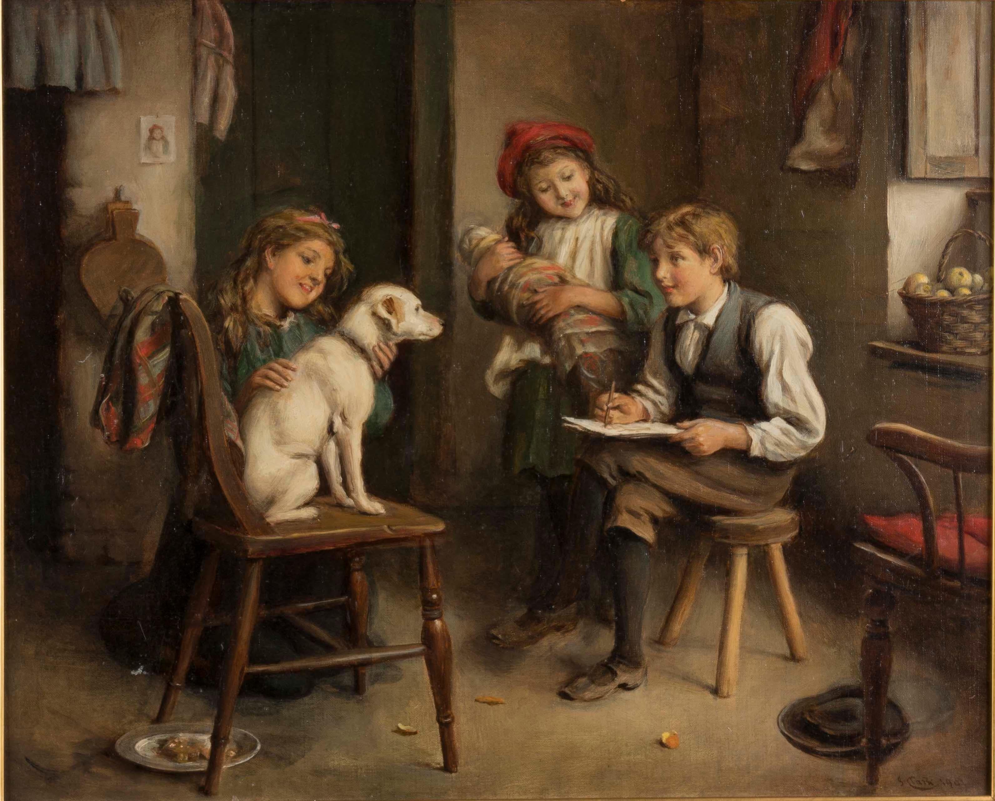 Gerahmtes viktorianisches Ölgemälde auf Leinwand von Joseph Clark, Gemälde „Der junge Künstler“ (Spätviktorianisch) im Angebot