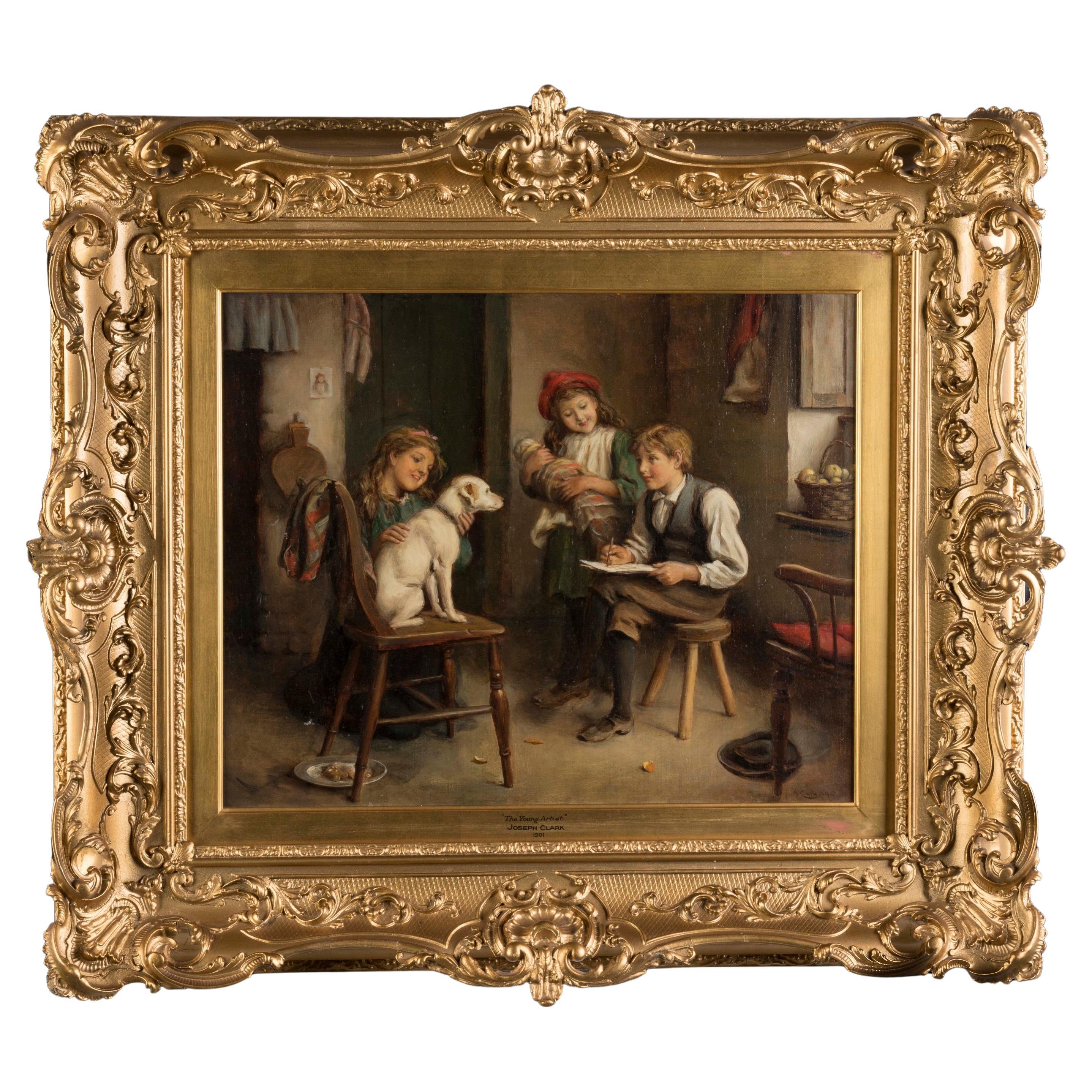 Gerahmtes viktorianisches Ölgemälde auf Leinwand von Joseph Clark, Gemälde „Der junge Künstler“