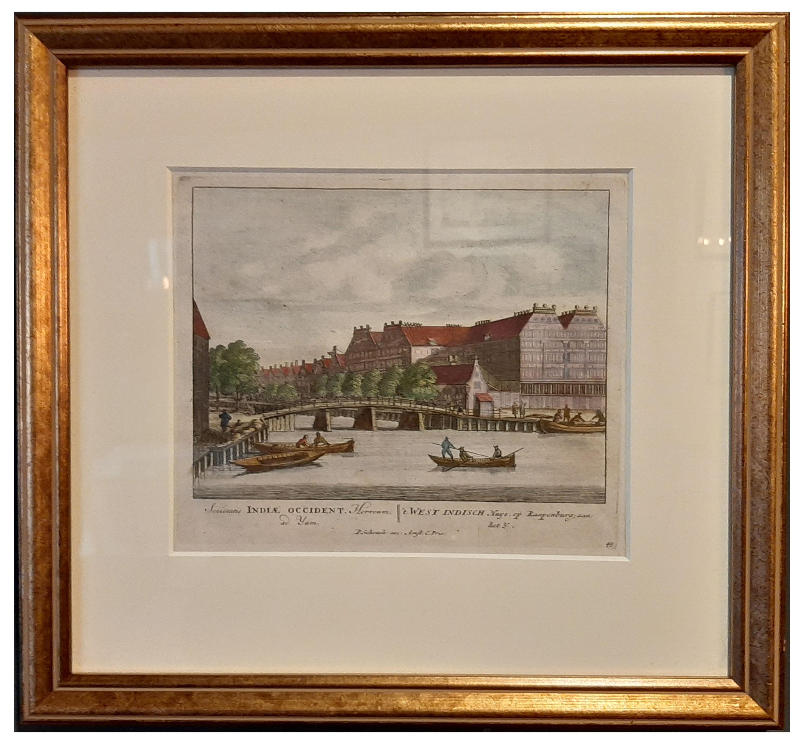 Framed View of the Brouwersgracht in Amsterdam, the Netherlands, 1708 In Good Condition For Sale In Langweer, NL