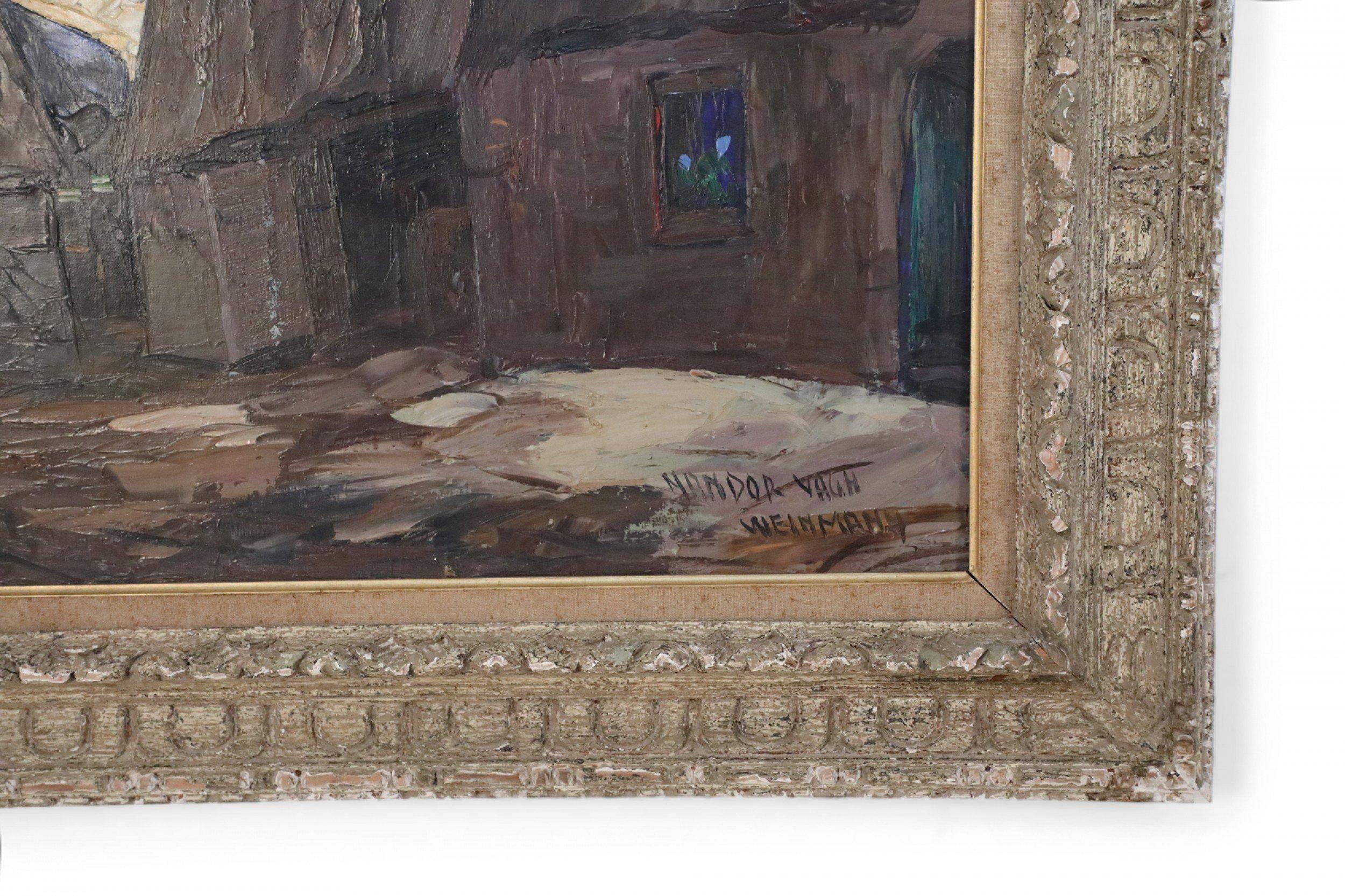 Dipinto a olio d'epoca (XX secolo) che ritrae case di paese marroni con figure astratte alla finestra, contro il cielo al crepuscolo, su tela in una cornice rettangolare in legno intagliato e patinato con fodera in lino.

La fodera di lino è sporca,