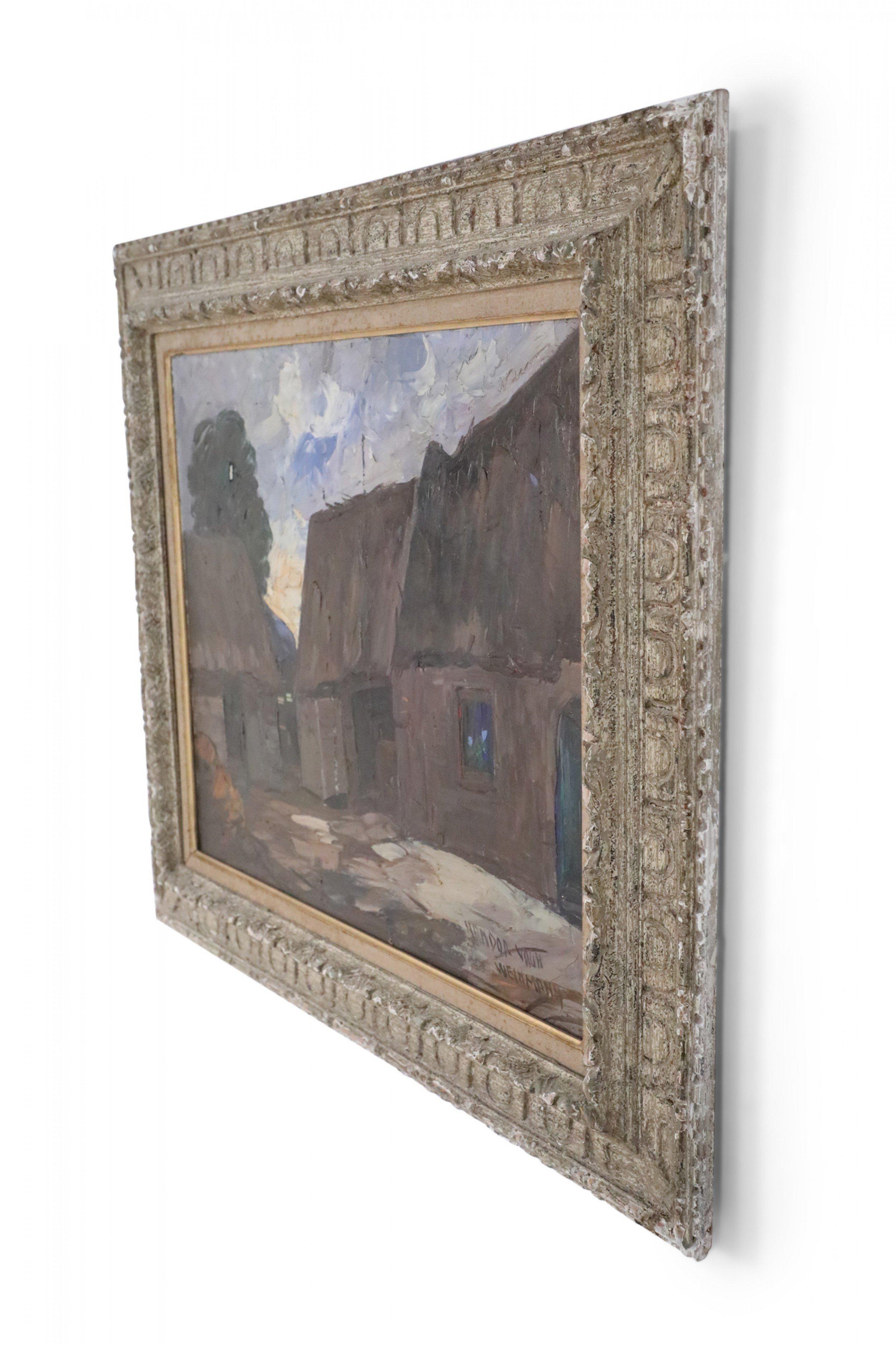 Mid-Century Modern Framed Village Houses Oil Painting on Canvas For Sale