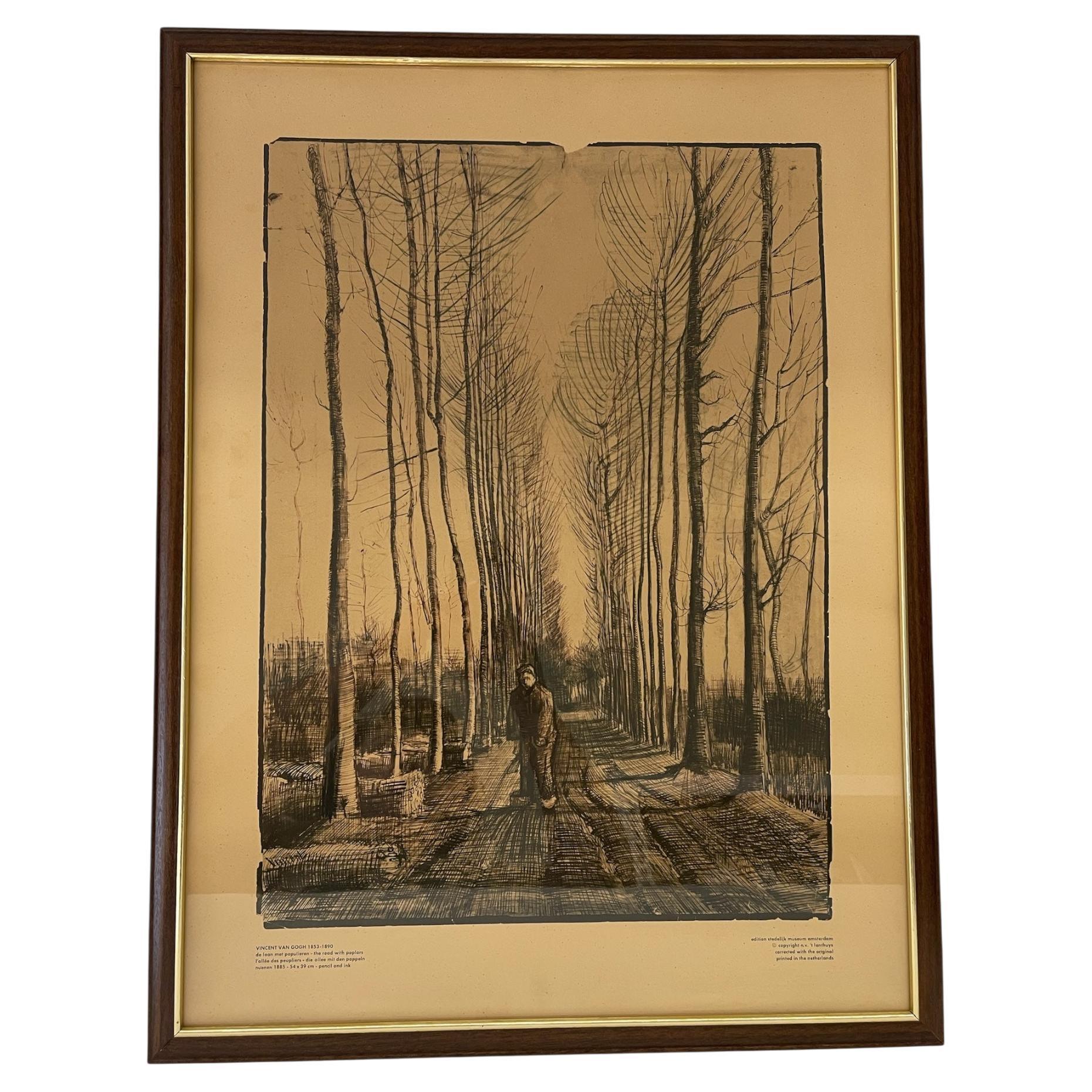 Gerahmt Vincent van Gogh "Die Straße mit Pappeln" Bleistift und Tinte Reproduktion 1885