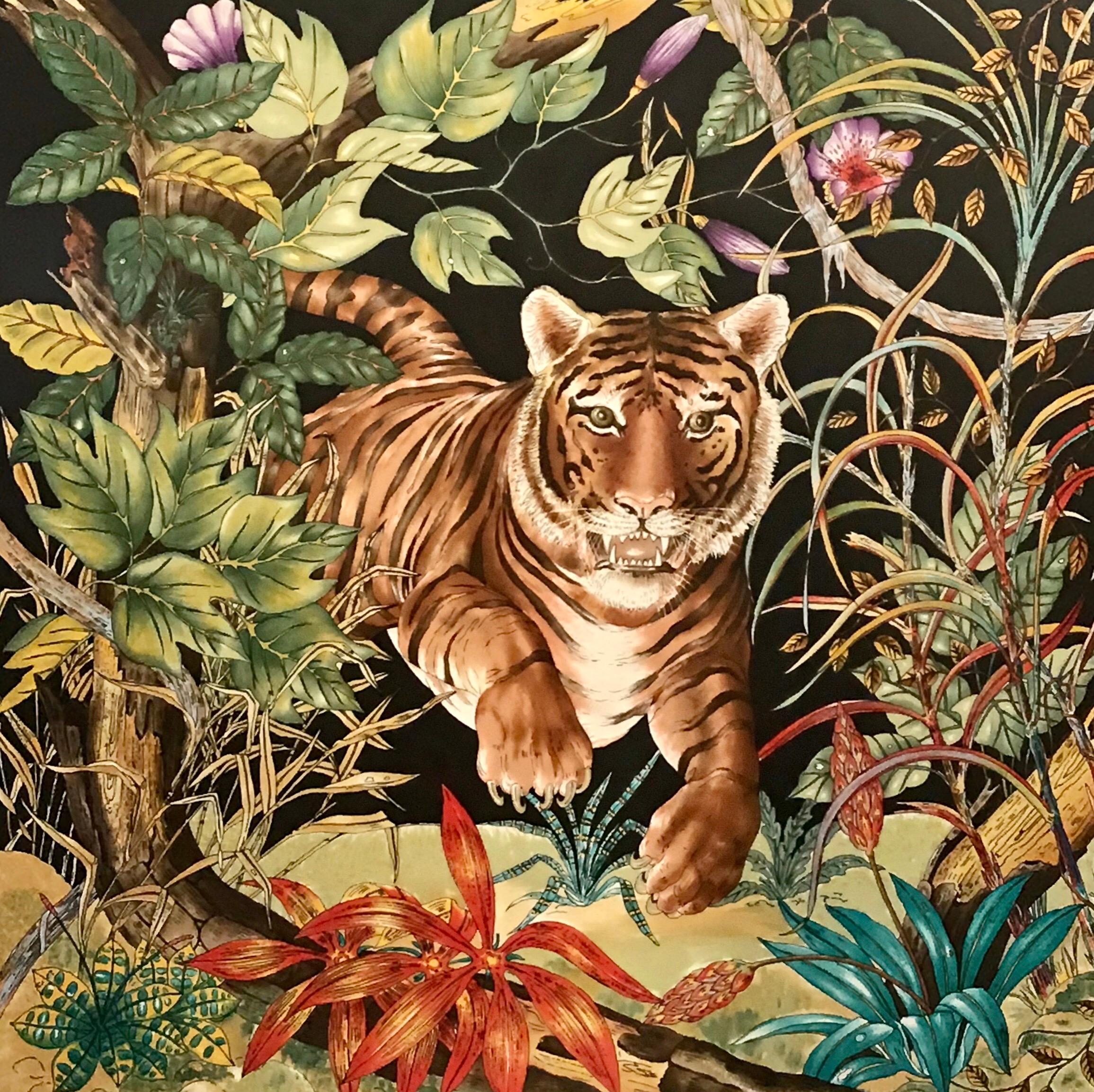 1970s Gucci silk scarf.
A striking tiger in the safari jungle with beautiful floral on a black background. Outlined by iconic Gucci bamboo border. Gucci logo in upper left and lower right corner. Professionally framed in a Classic brass frame with