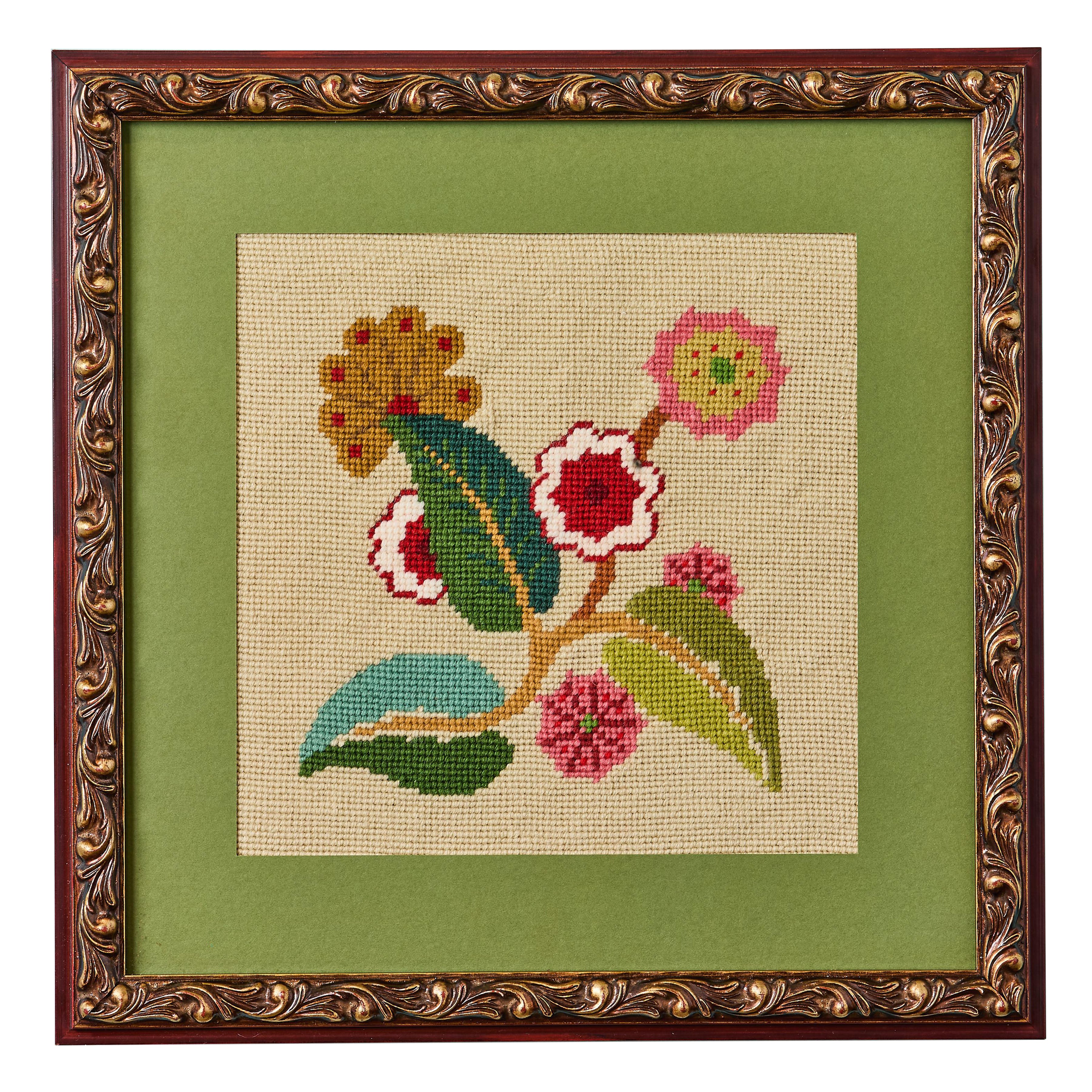 Framed Vintage American Floral Needlepoint, Wool, Circa 1960s
