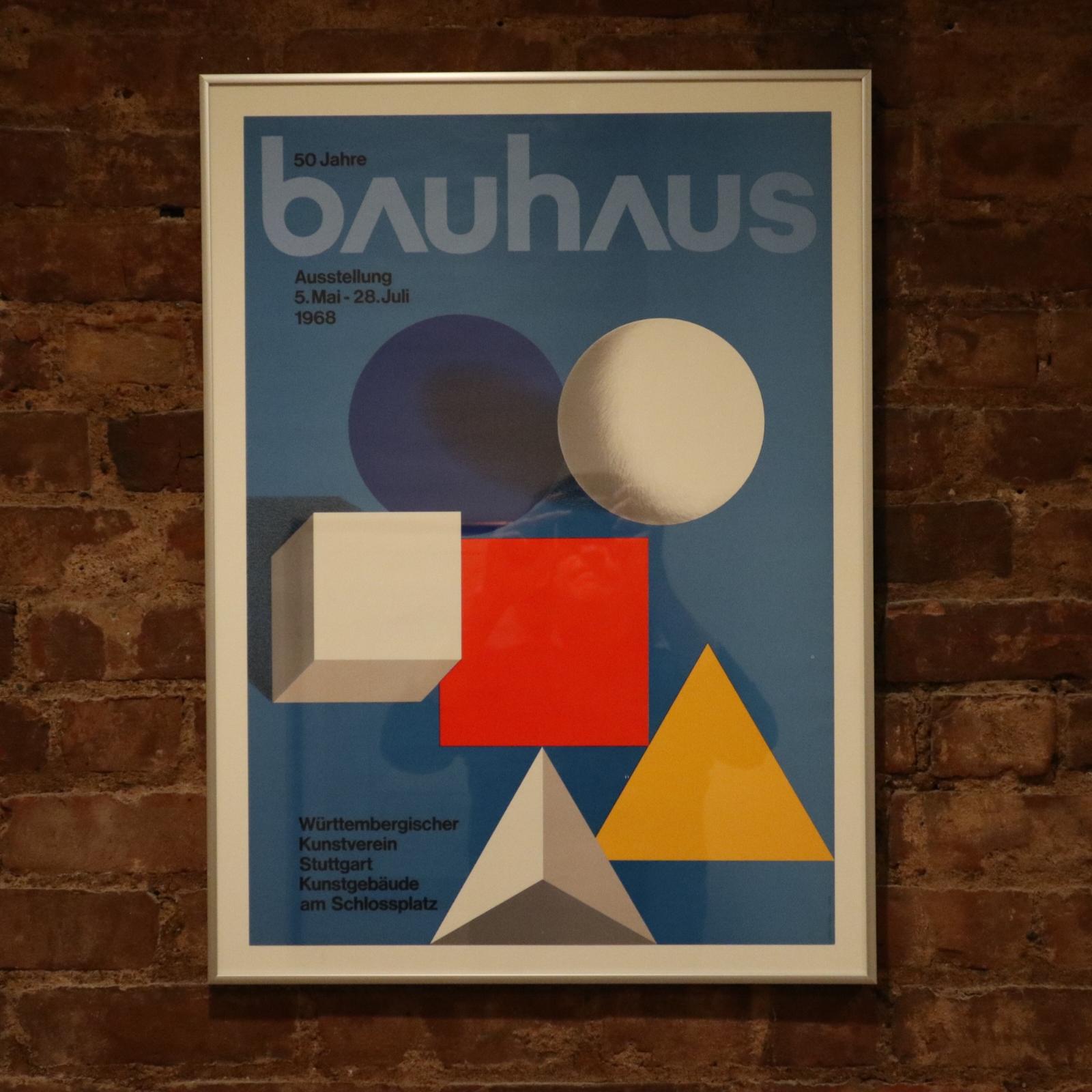 Framed vintage Bauhaus poster. Designed by artist Herbert Bayer to celebrate the 50th anniversary of the founding of the seminal art and design school in Germany.