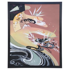 Framed Vintage Chinese Acrylic Abstract Painting of Waves and Fans