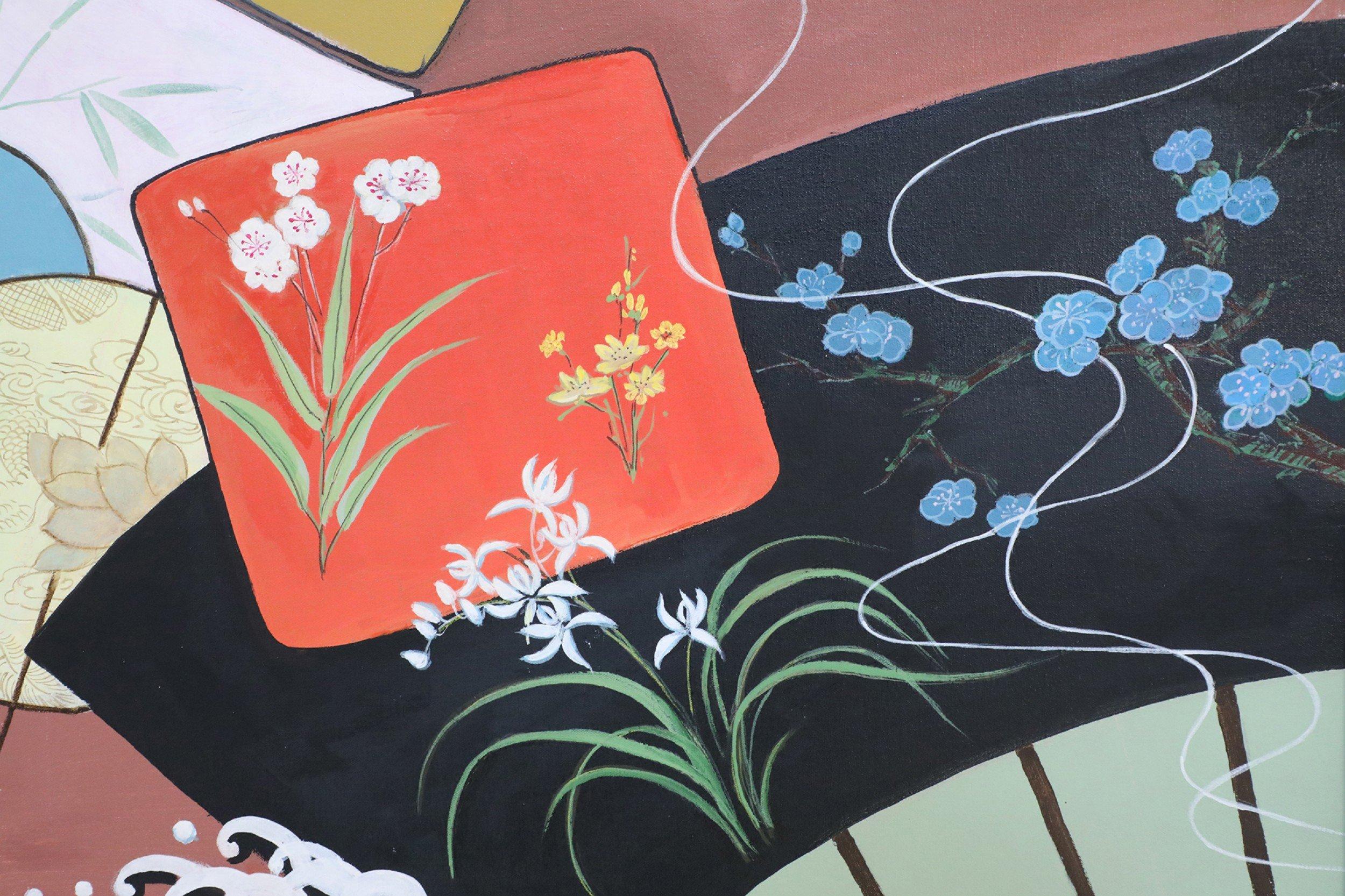 20ième siècle Peinture abstraite chinoise ancienne encadrée, de formes, de vagues et d'éventails en acier inoxydable en vente