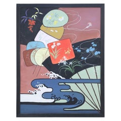 Framed Vintage Chinese Acylic Abstract Painting of Shapes, Waves, and Fans